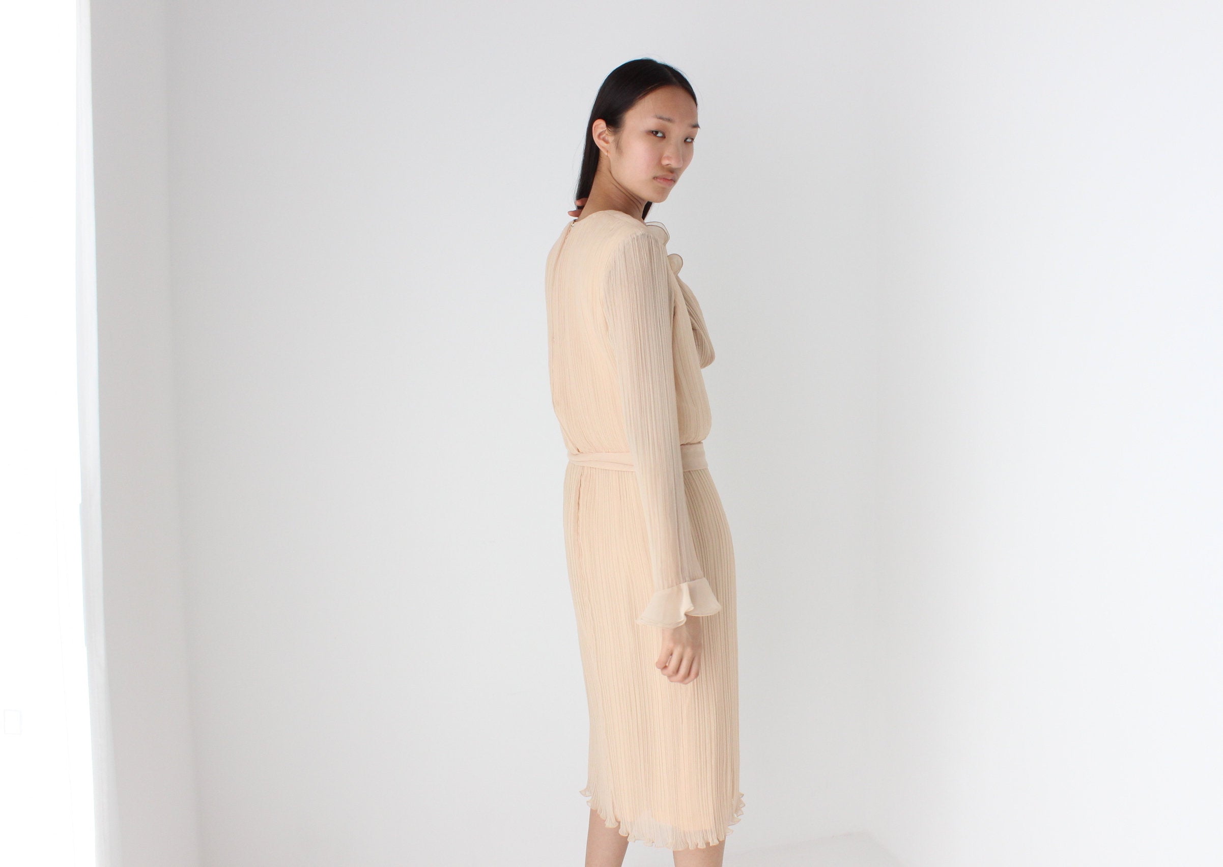 Divine 80s Buttermilk Plisse Origami Ruffle Dress