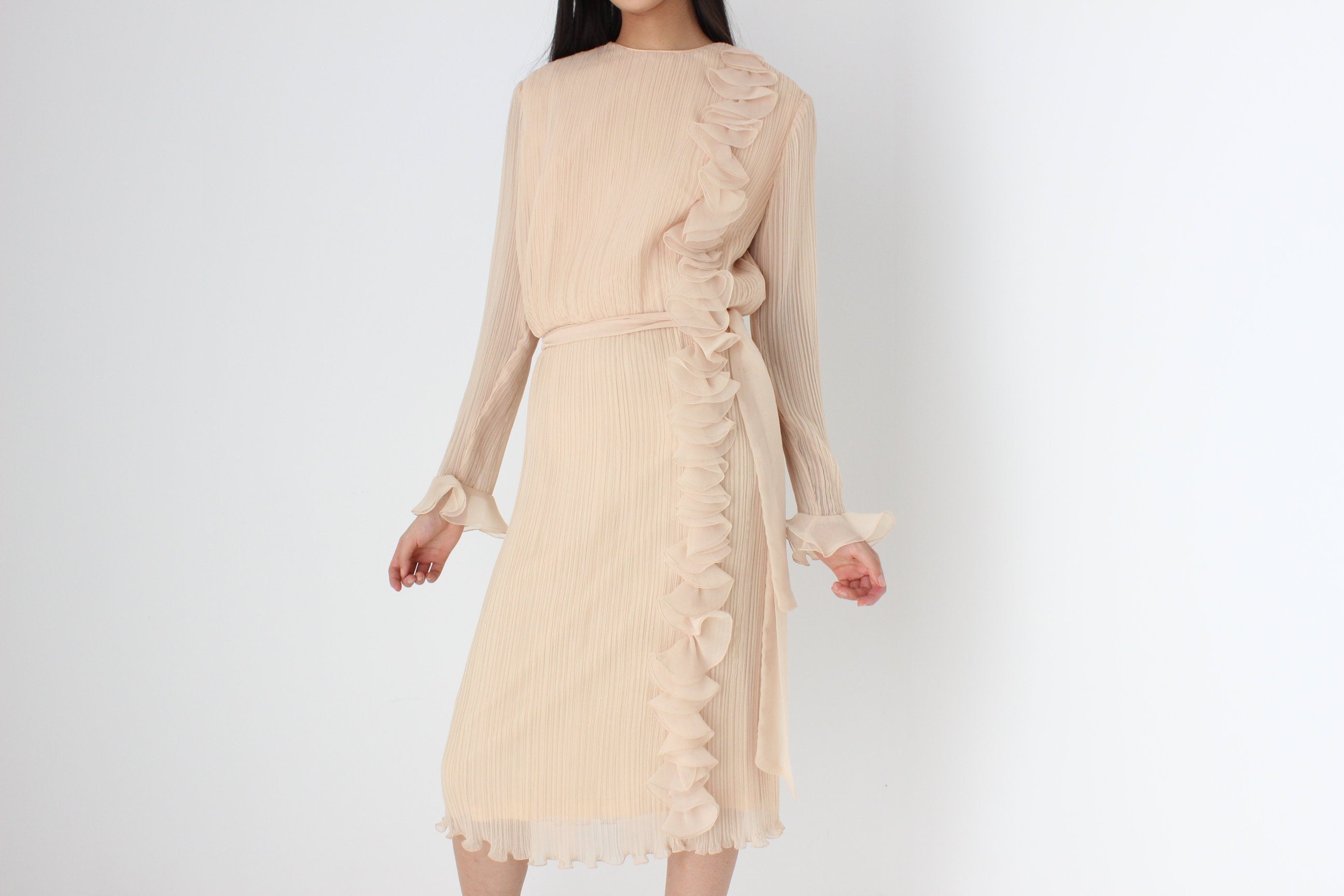 Divine 80s Buttermilk Plisse Origami Ruffle Dress