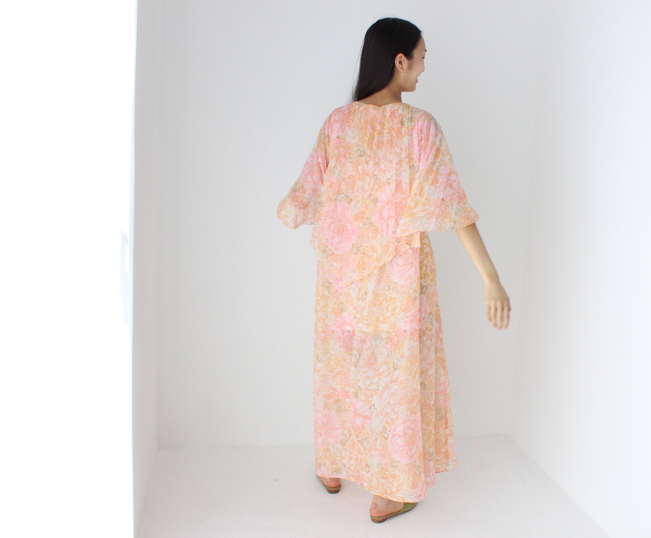 Whimsical Handmade 70s Sheer Pastel Floral Pleated Cape Dress