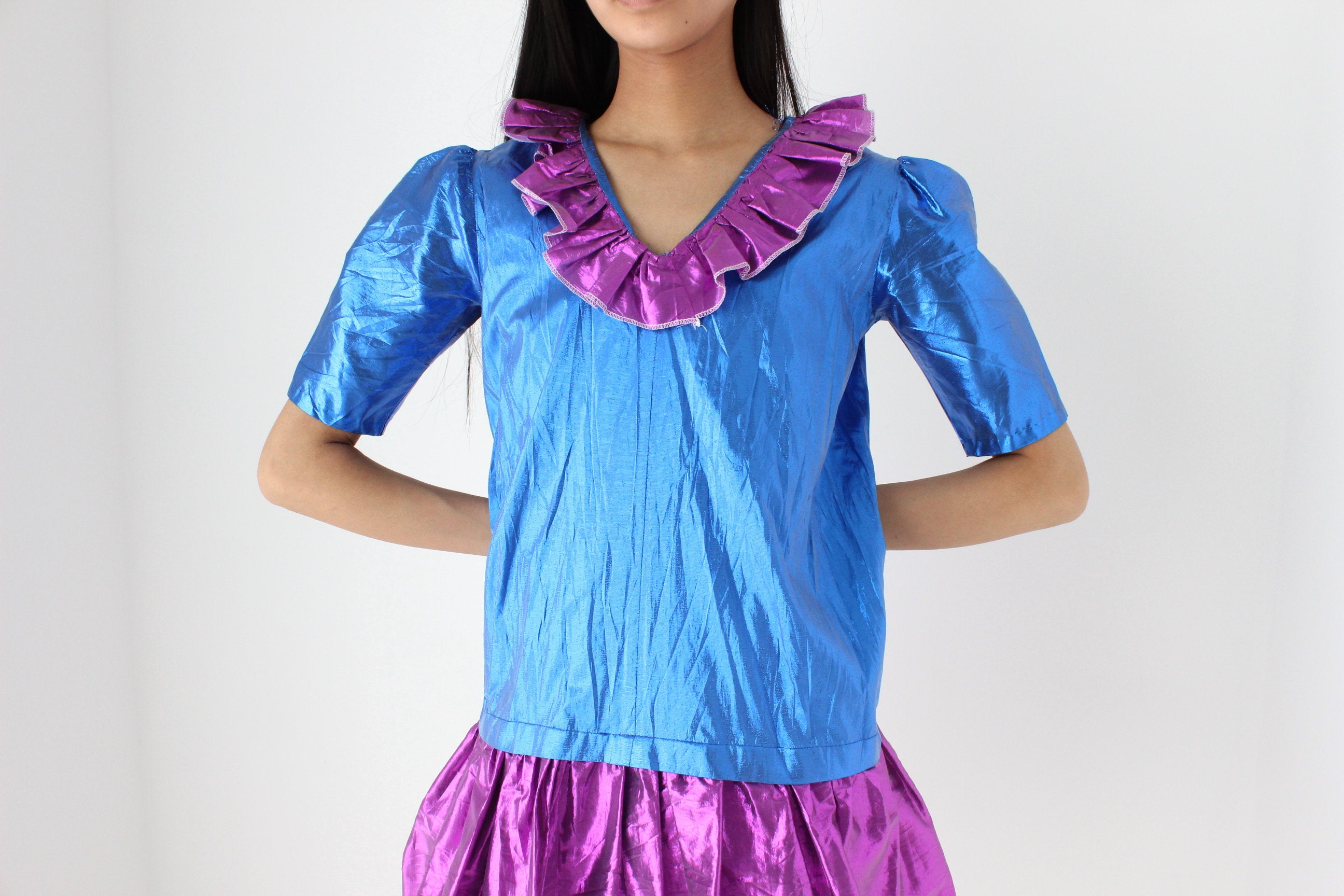 80s Puff Sleeve Lamé Metallic Foil Ruffle Dress