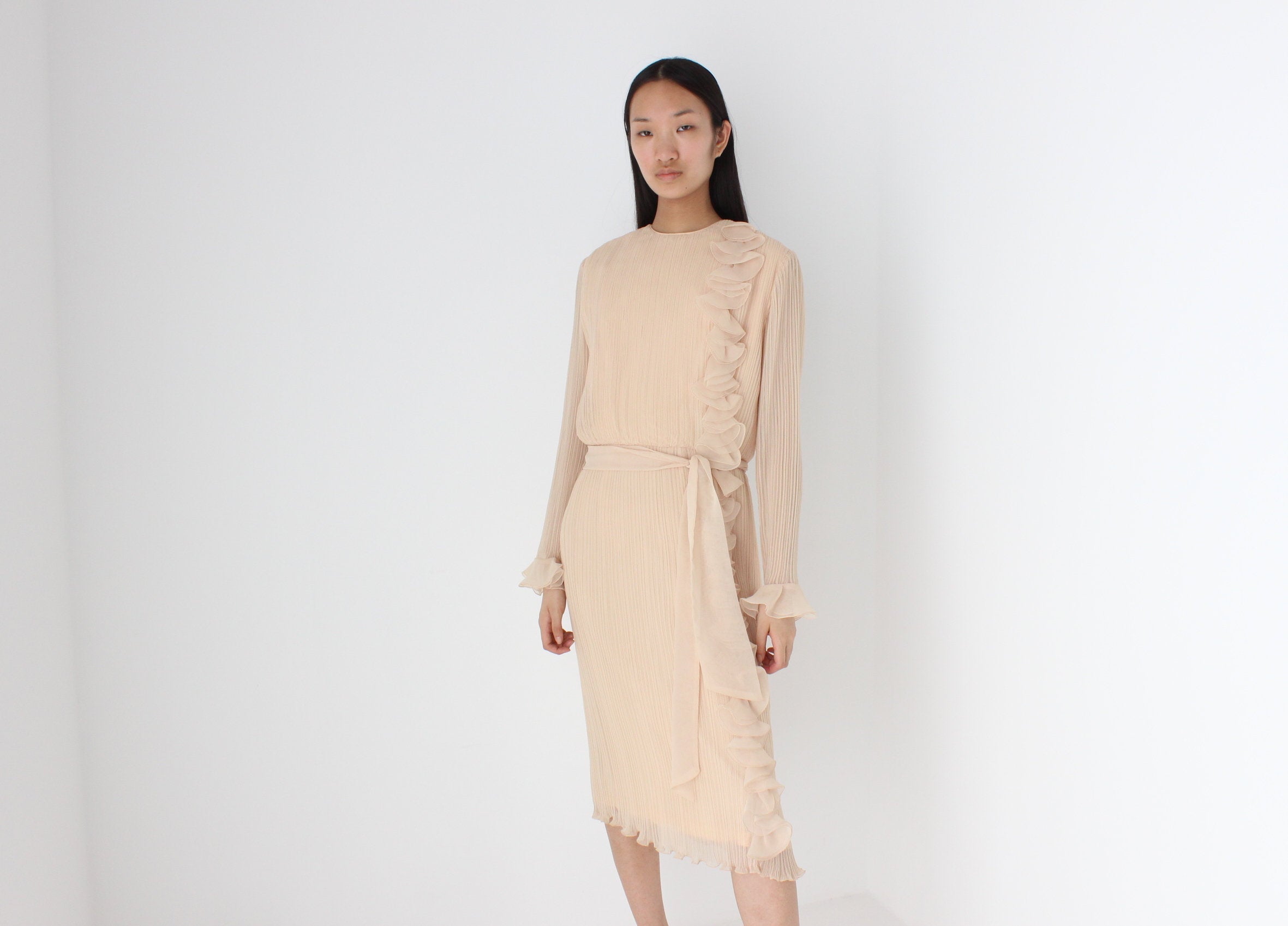 Divine 80s Buttermilk Plisse Origami Ruffle Dress