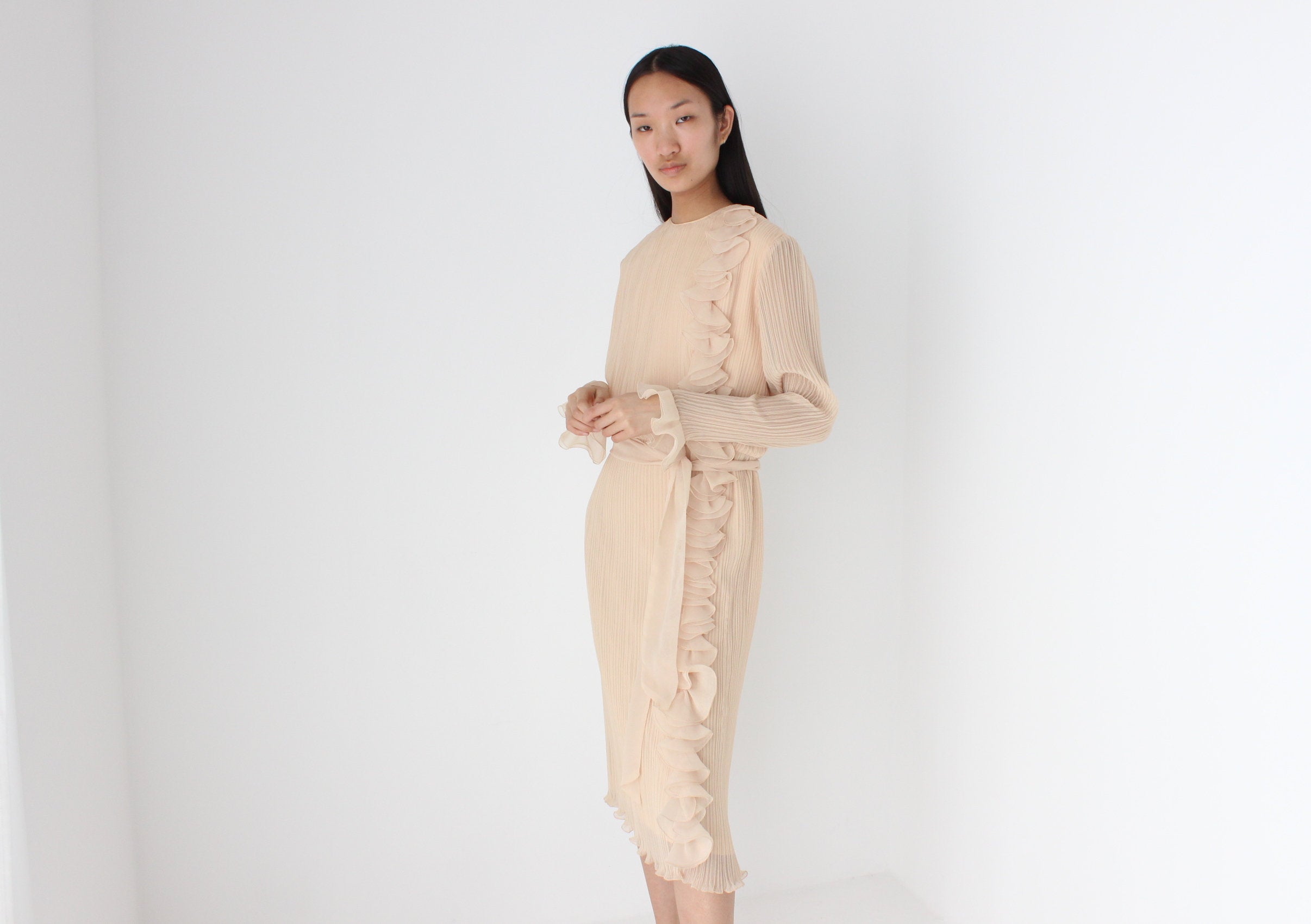 Divine 80s Buttermilk Plisse Origami Ruffle Dress