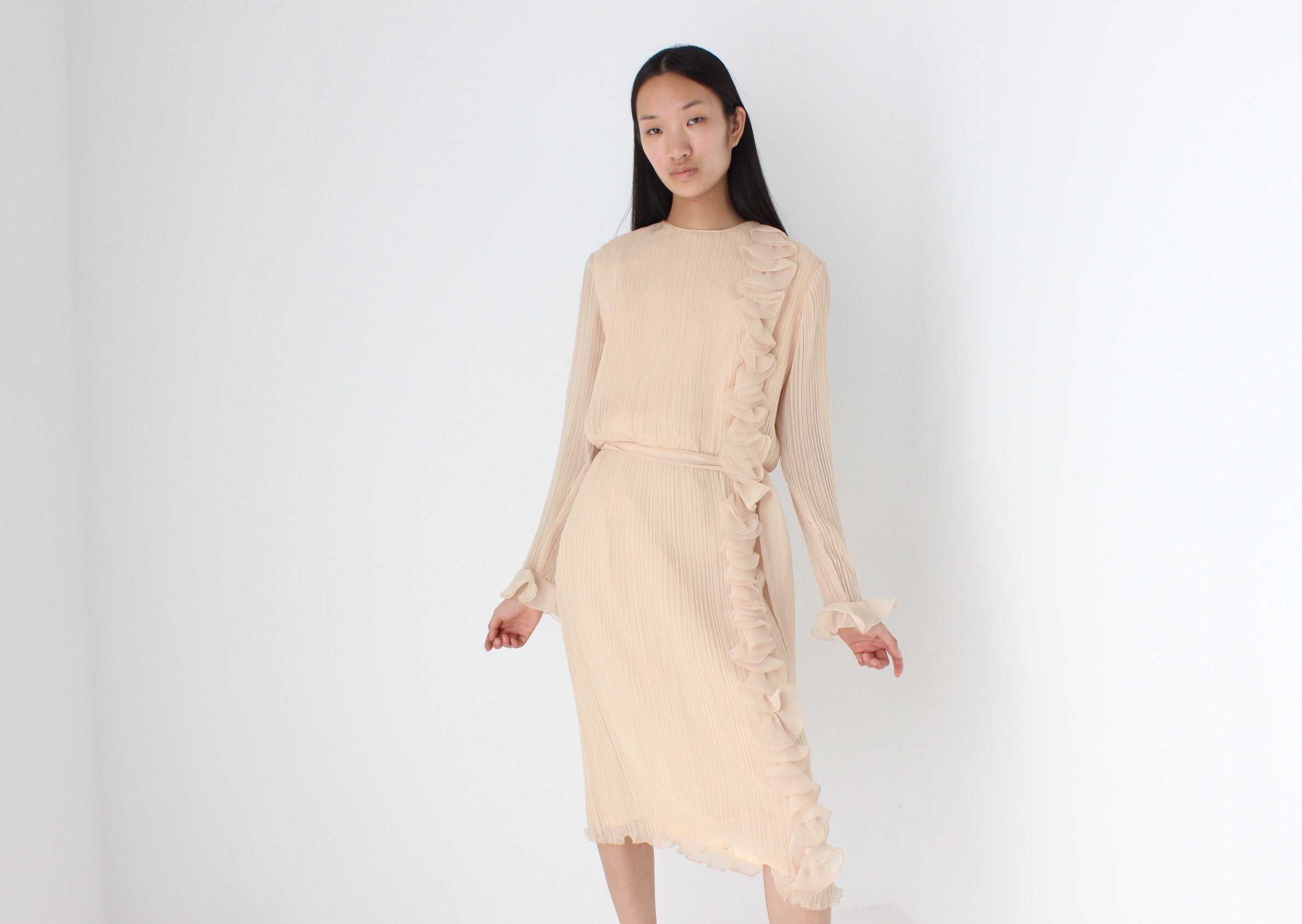 Divine 80s Buttermilk Plisse Origami Ruffle Dress