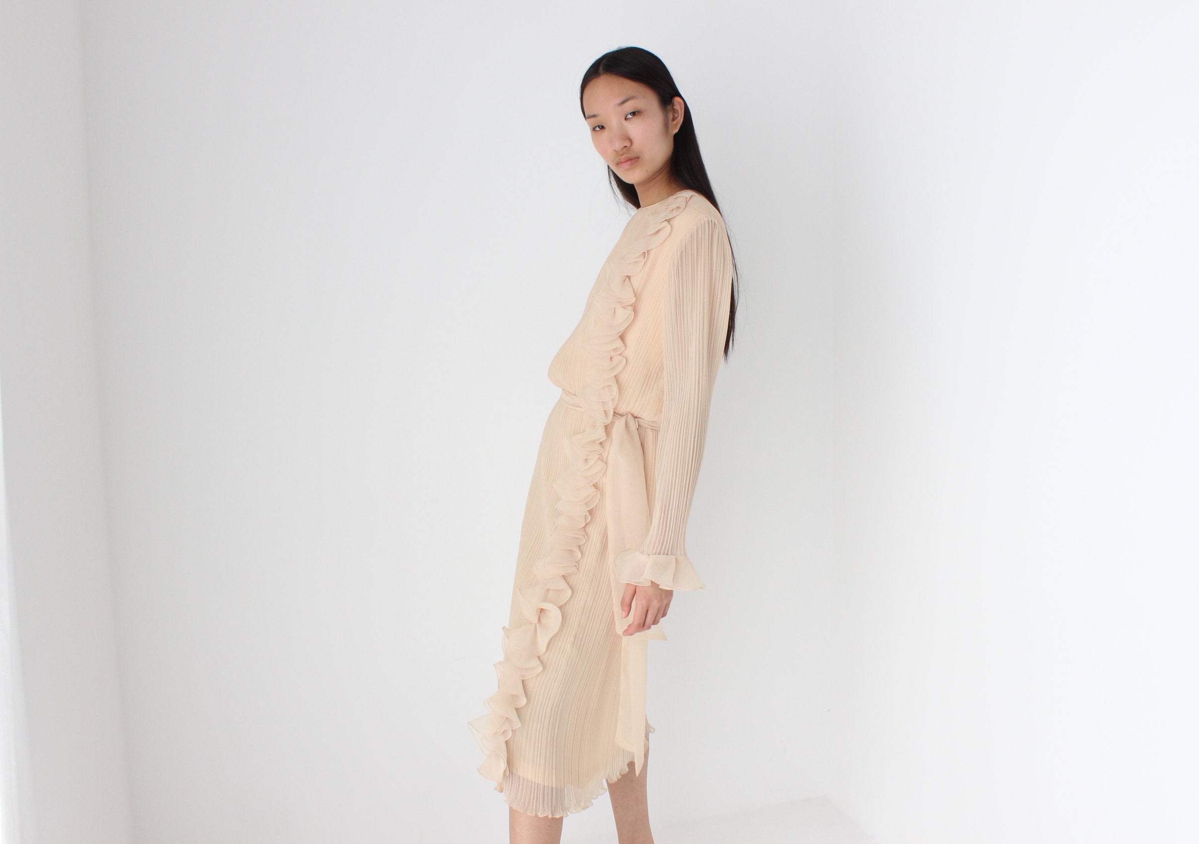 Divine 80s Buttermilk Plisse Origami Ruffle Dress