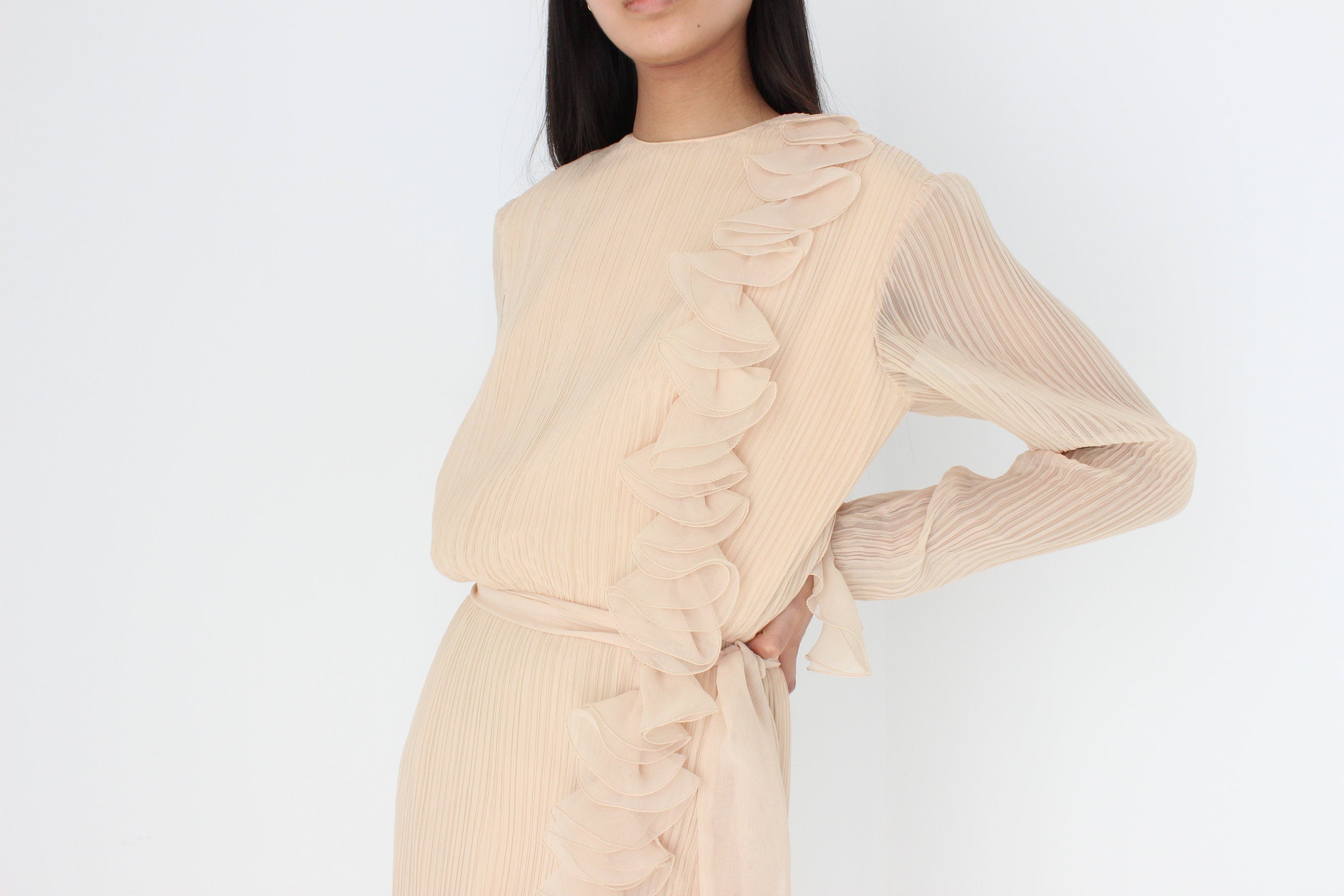 Divine 80s Buttermilk Plisse Origami Ruffle Dress