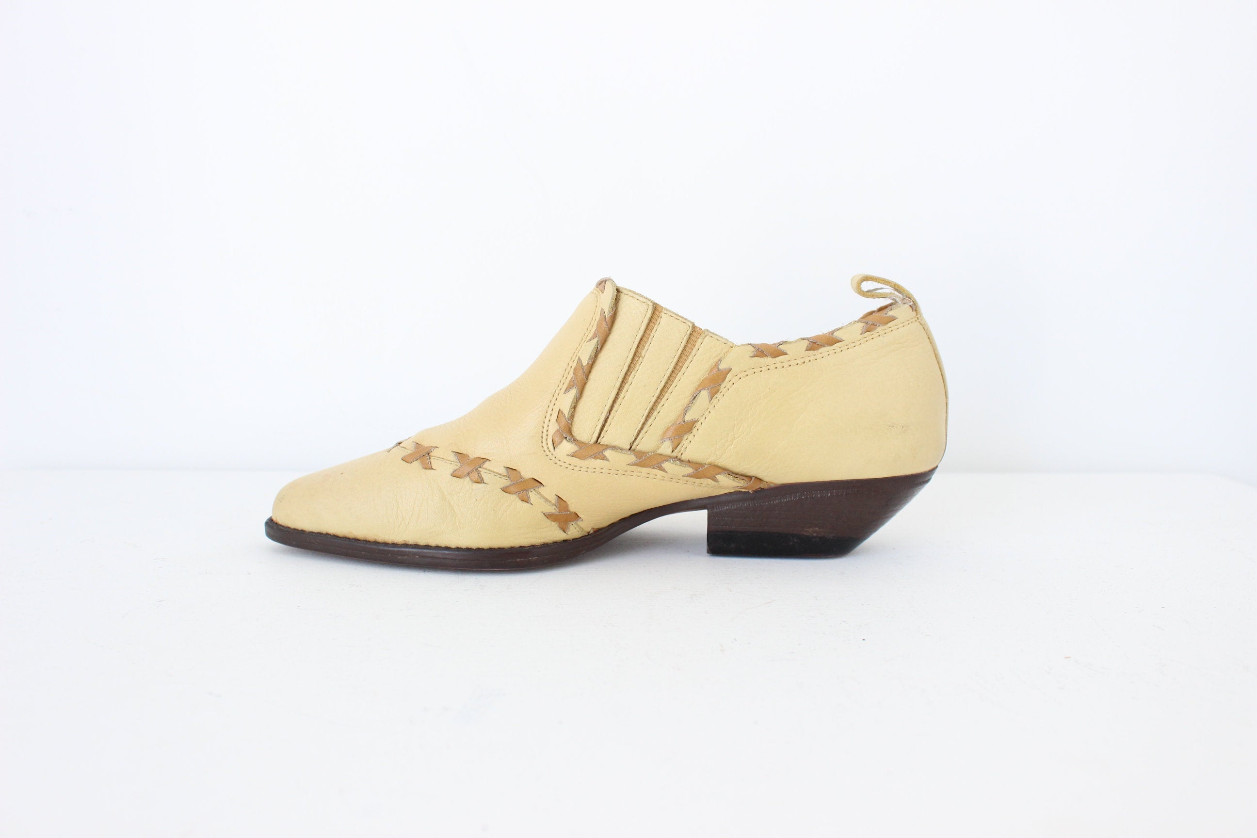 80s Butter Leather Western Cowgirl Detailing Pointed Toe Boots - Euro 37