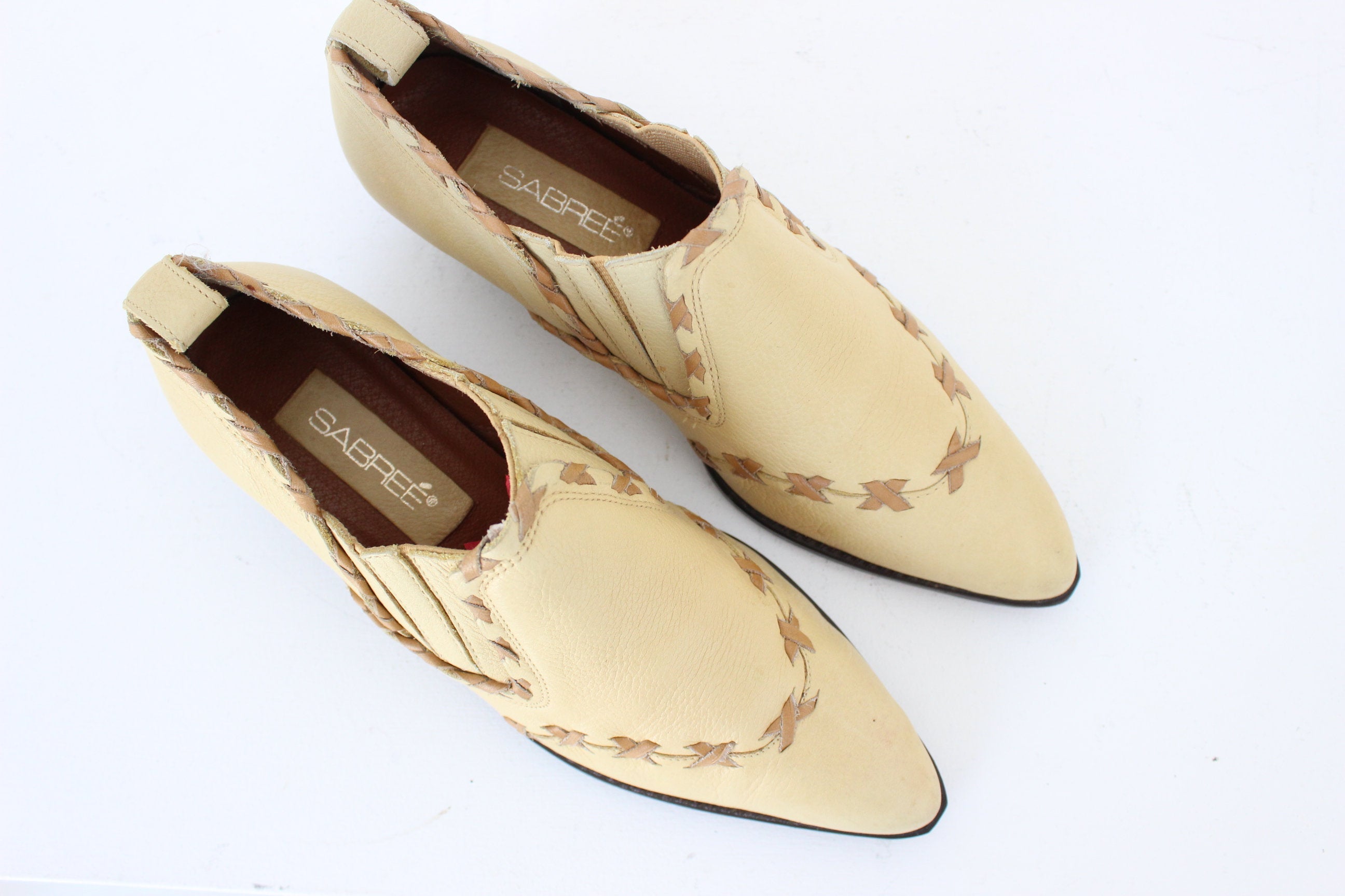 80s Butter Leather Western Cowgirl Detailing Pointed Toe Boots - Euro 37