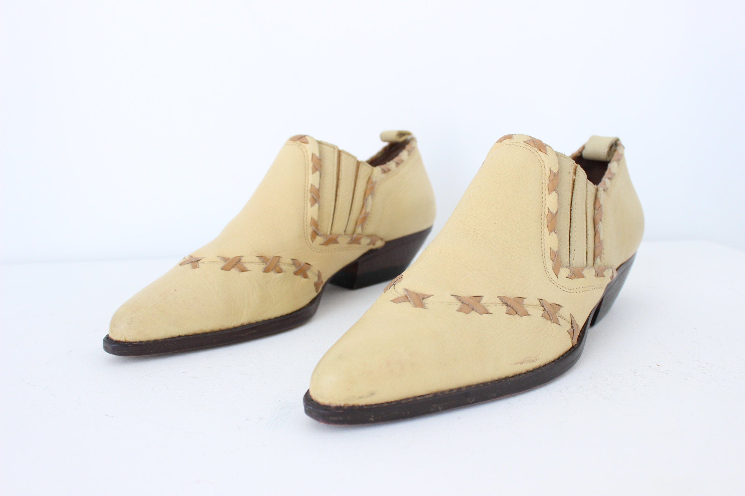 80s Butter Leather Western Cowgirl Detailing Pointed Toe Boots - Euro 37