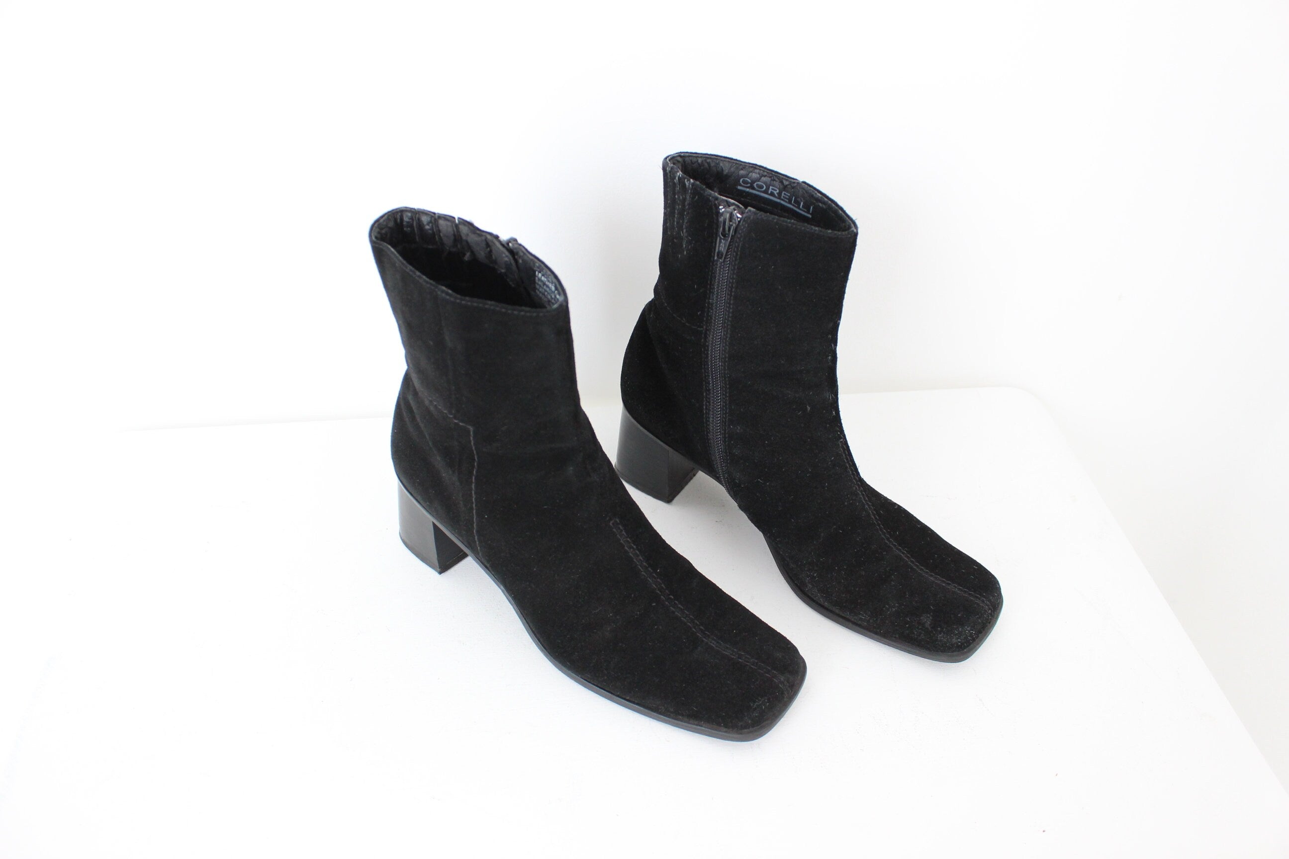 90s Suede Square Toe, Low Heel Ankle Boots - Euro 39.5