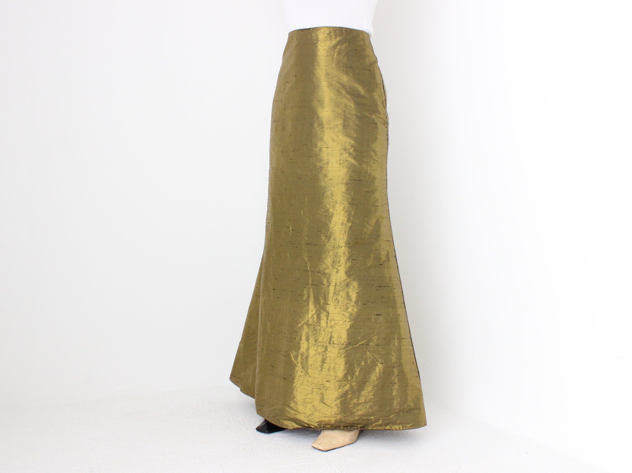 80s Raw Silk Metallic High Waist Trumpet Hem Skirt