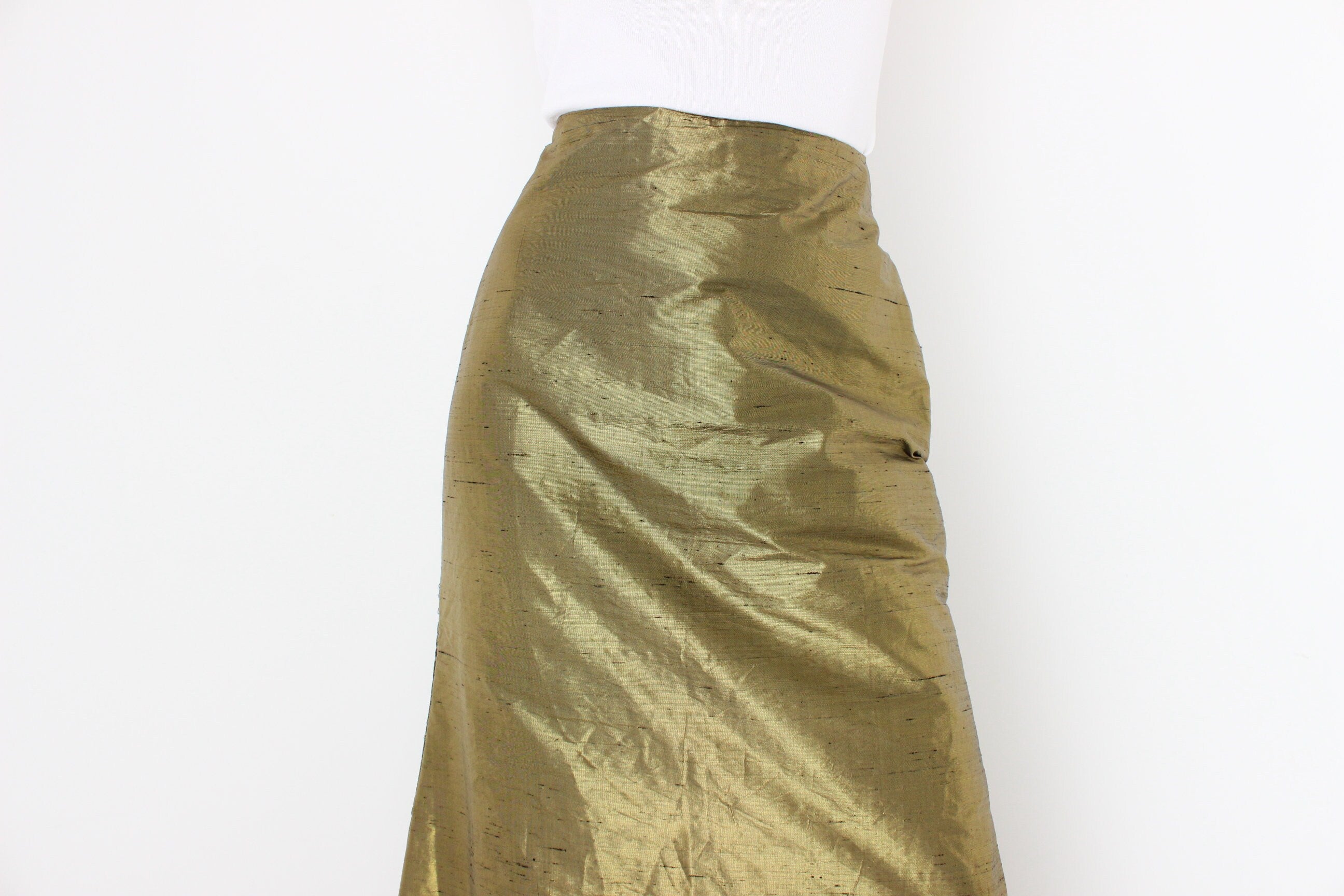 80s Raw Silk Metallic High Waist Trumpet Hem Skirt