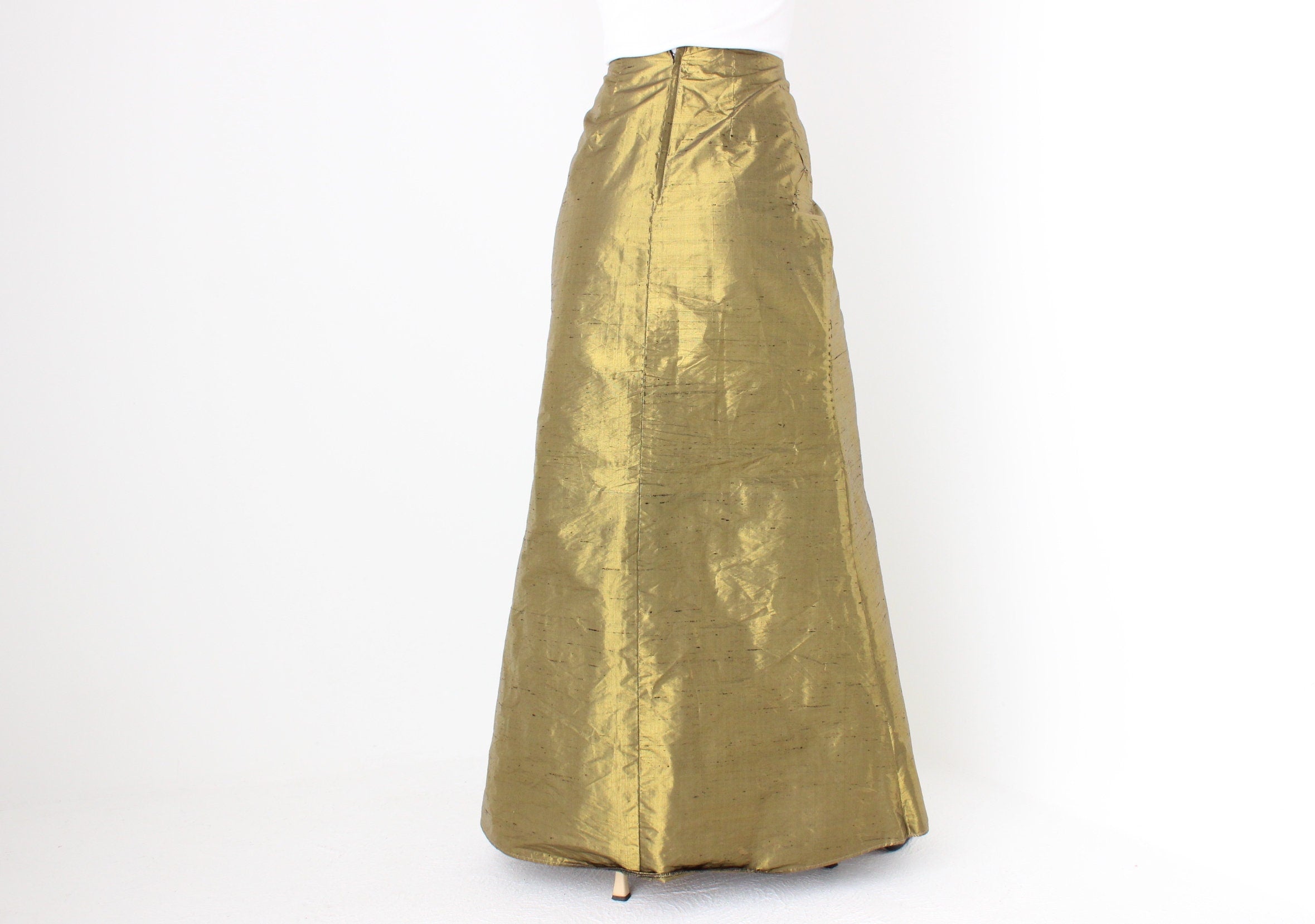 80s Raw Silk Metallic High Waist Trumpet Hem Skirt