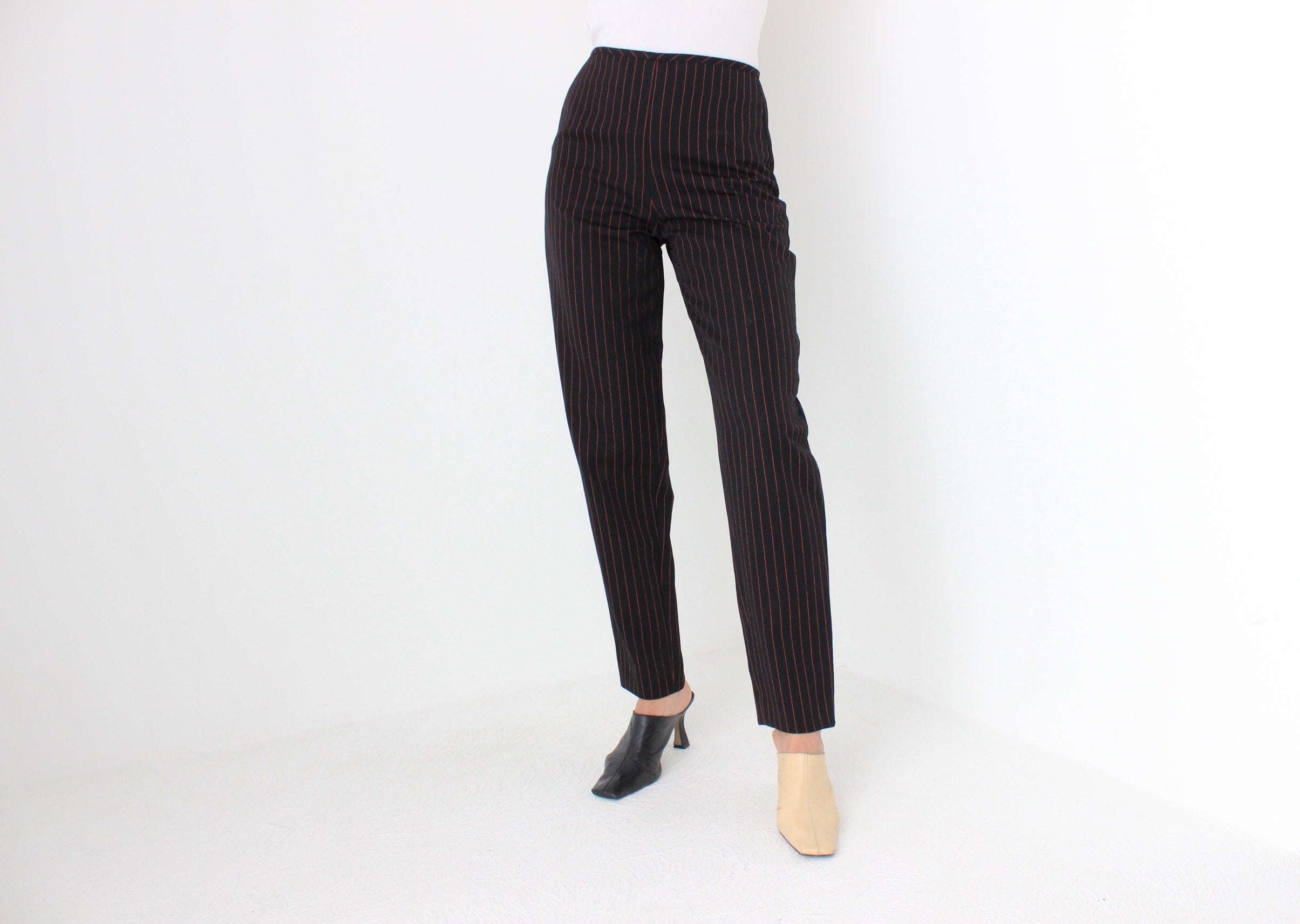90s Jean Paul Gaultier Black w/ Red Pinstripe Wool Trousers