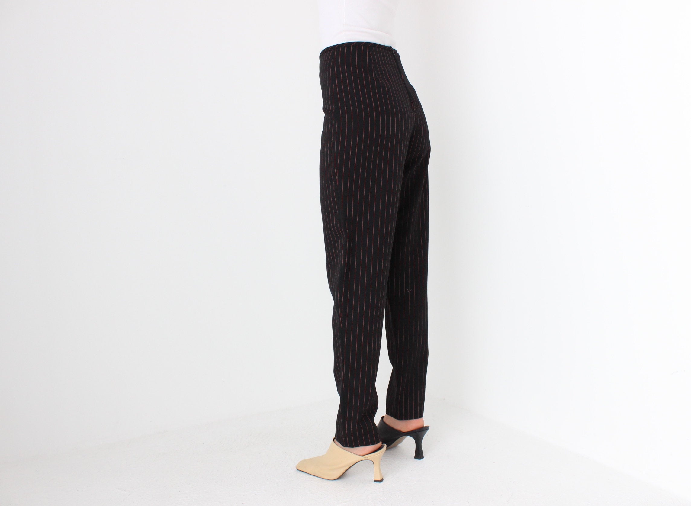 90s Jean Paul Gaultier Black w/ Red Pinstripe Wool Trousers