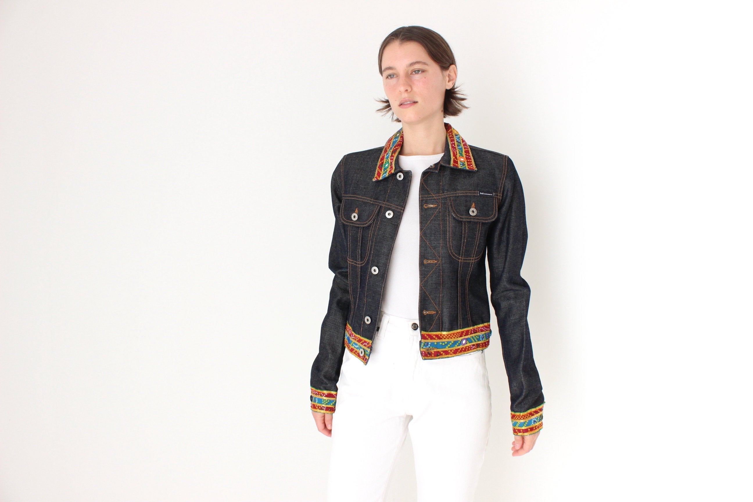 Y2K DOLCE and GABBANA Cropped Denim Jacket w/ Rainbow Mirror Trim