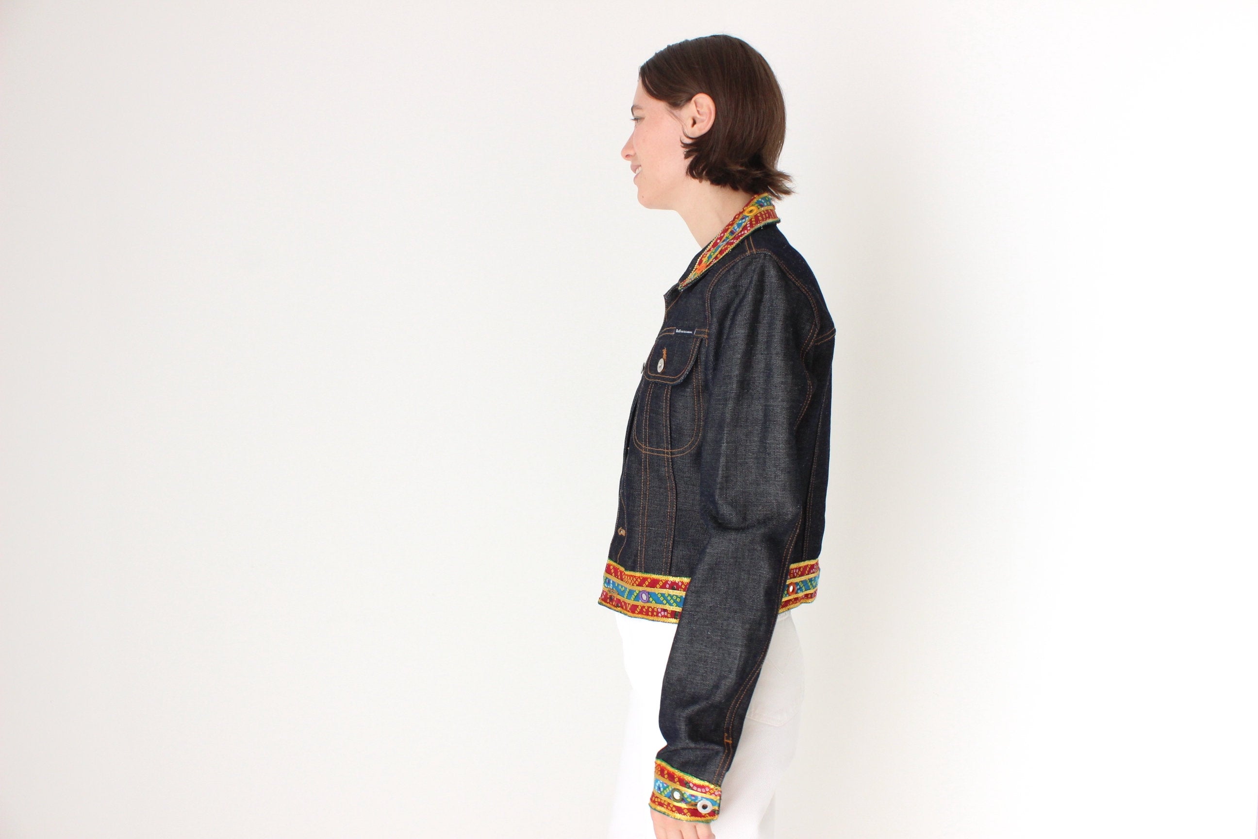 Y2K DOLCE and GABBANA Cropped Denim Jacket w/ Rainbow Mirror Trim