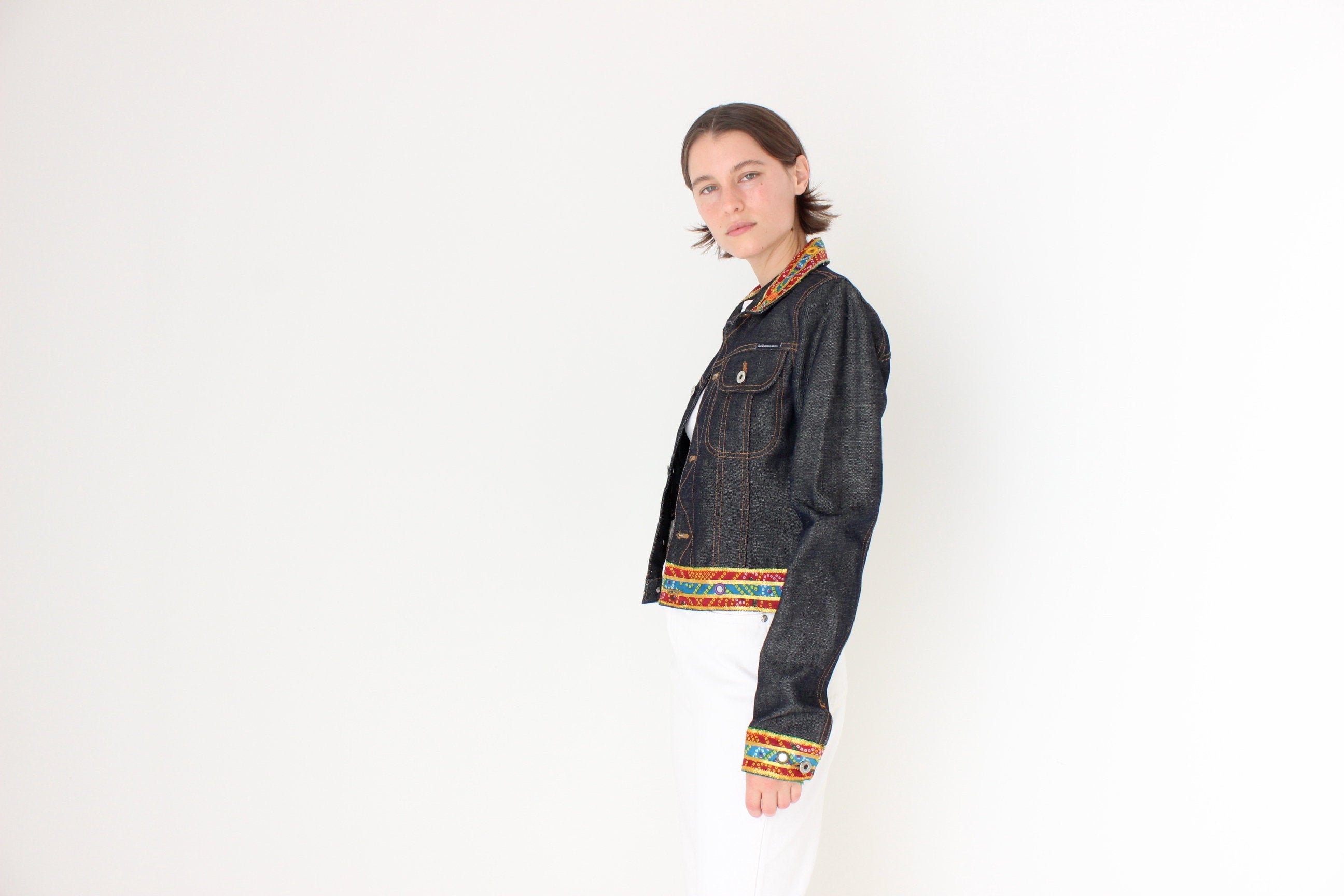 Y2K DOLCE and GABBANA Cropped Denim Jacket w/ Rainbow Mirror Trim