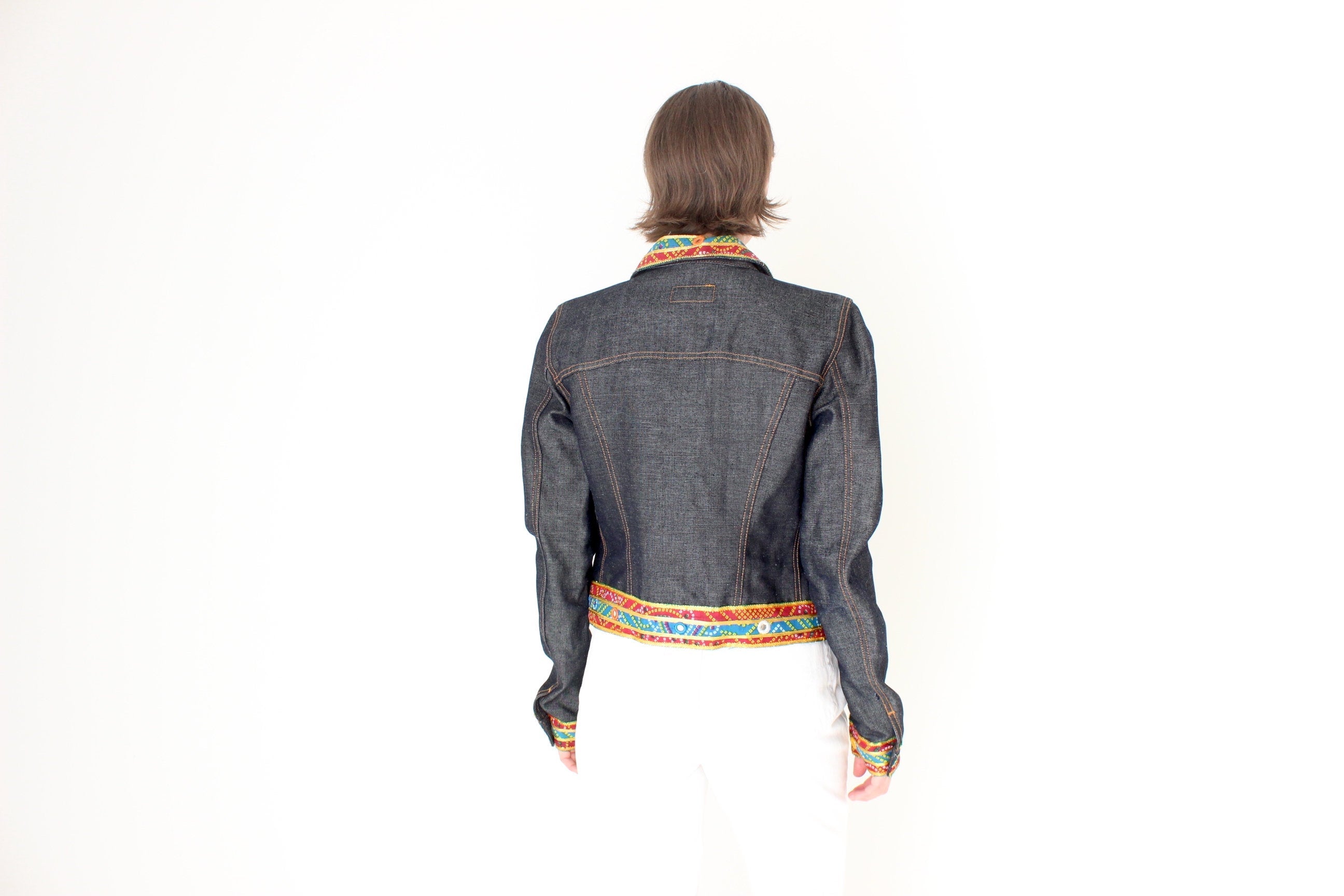 Y2K DOLCE and GABBANA Cropped Denim Jacket w/ Rainbow Mirror Trim