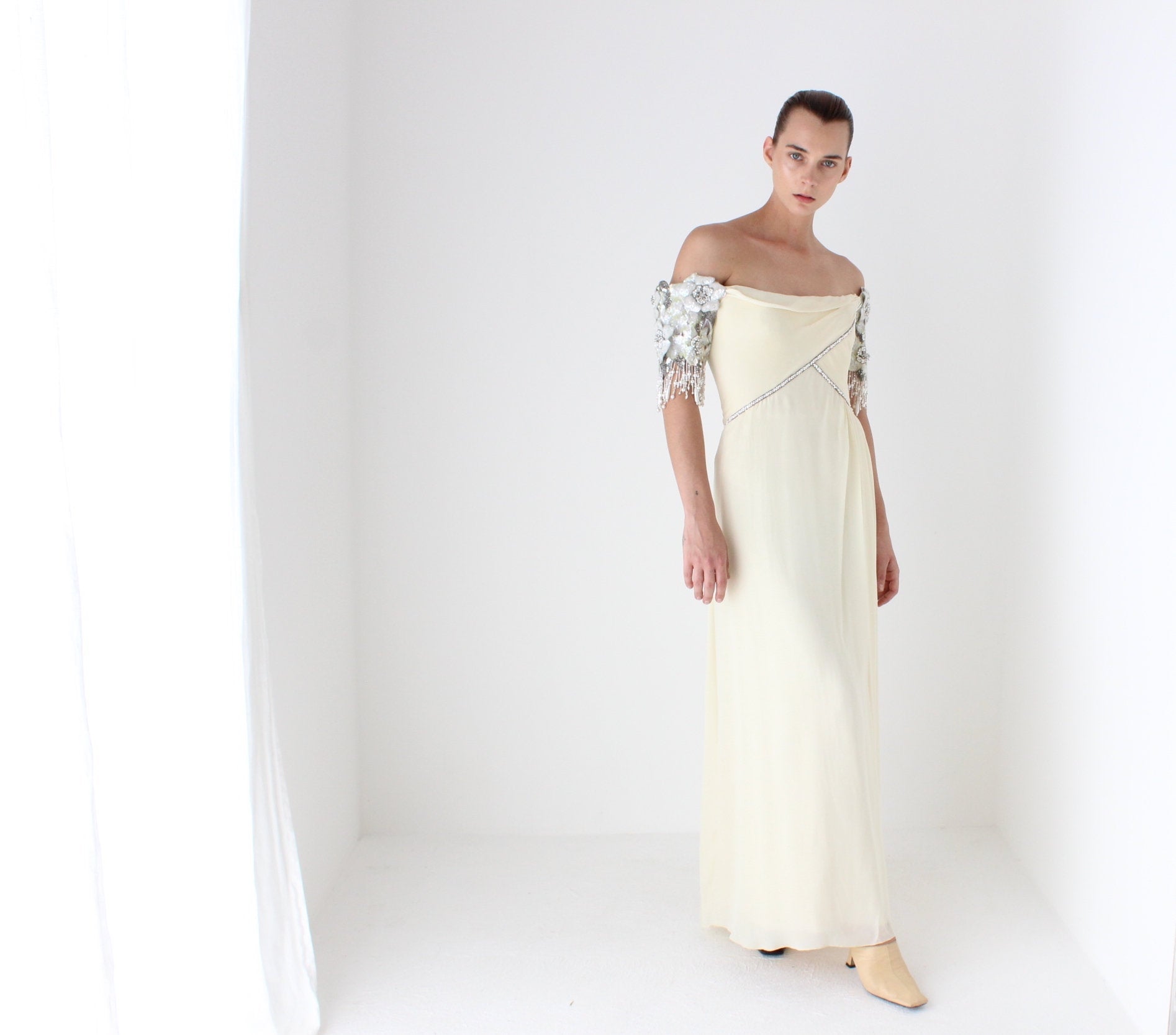 Heavenly Vintage 1980s BOB MACKIE Pure Silk Cream Embellished Off Shoulder Draped Goddess Wedding Gown