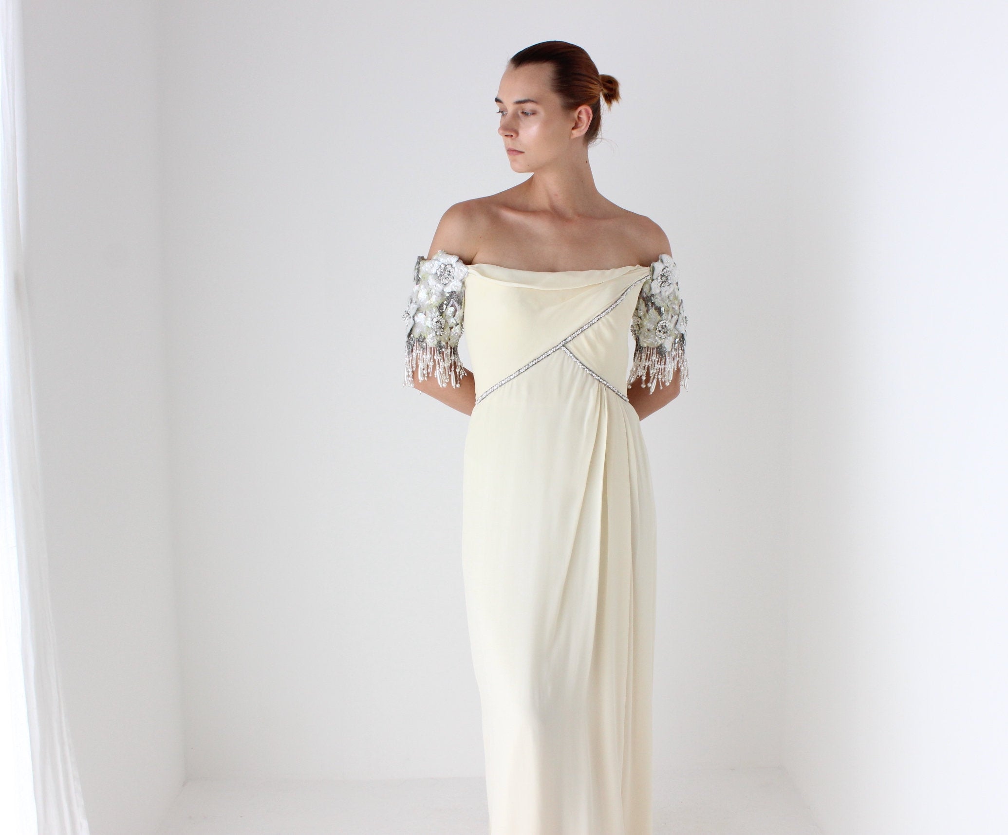 Heavenly Vintage 1980s BOB MACKIE Pure Silk Cream Embellished Off Shoulder Draped Goddess Wedding Gown
