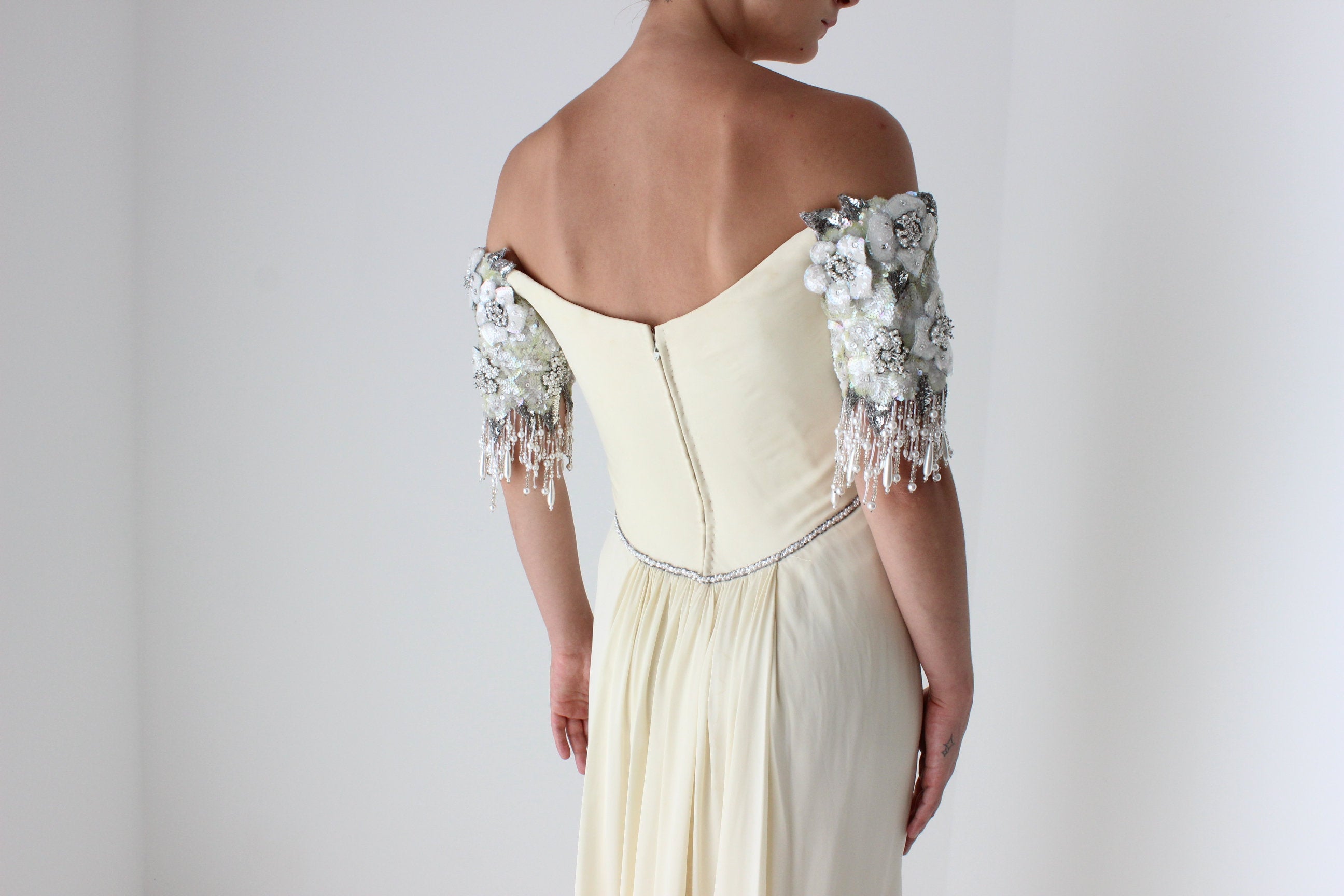 Heavenly Vintage 1980s BOB MACKIE Pure Silk Cream Embellished Off Shoulder Draped Goddess Wedding Gown
