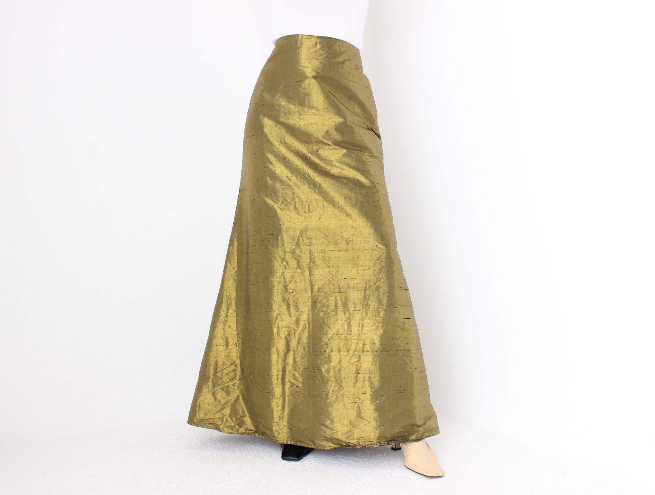 80s Raw Silk Metallic High Waist Trumpet Hem Skirt