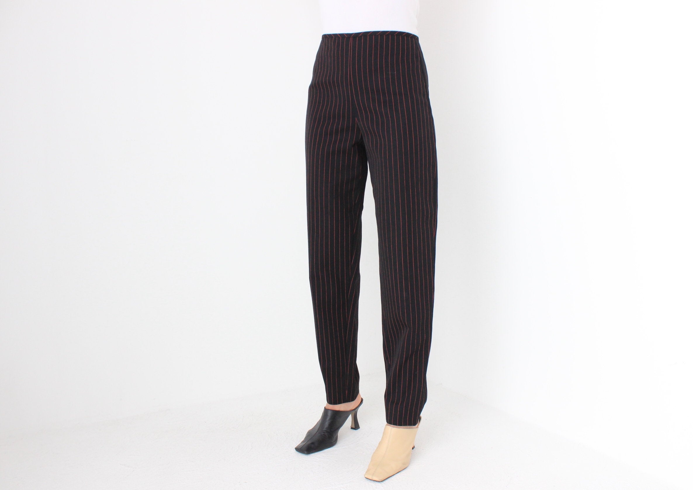 90s Jean Paul Gaultier Black w/ Red Pinstripe Wool Trousers