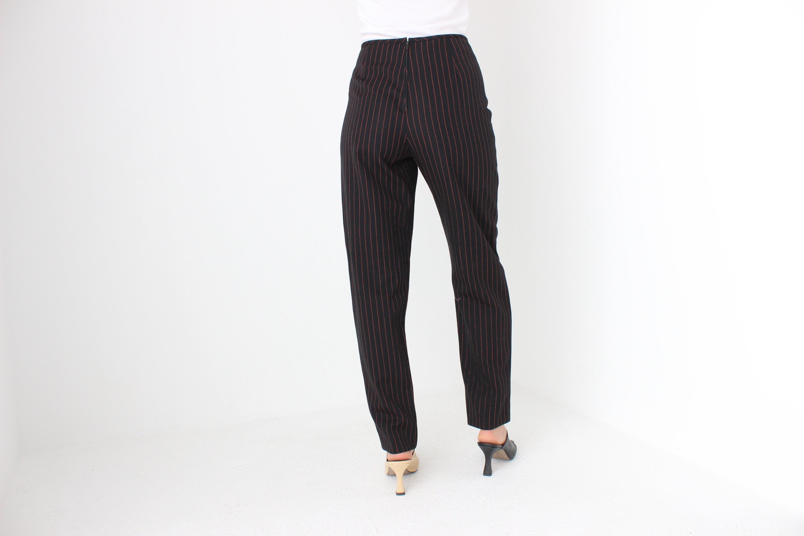 90s Jean Paul Gaultier Black w/ Red Pinstripe Wool Trousers