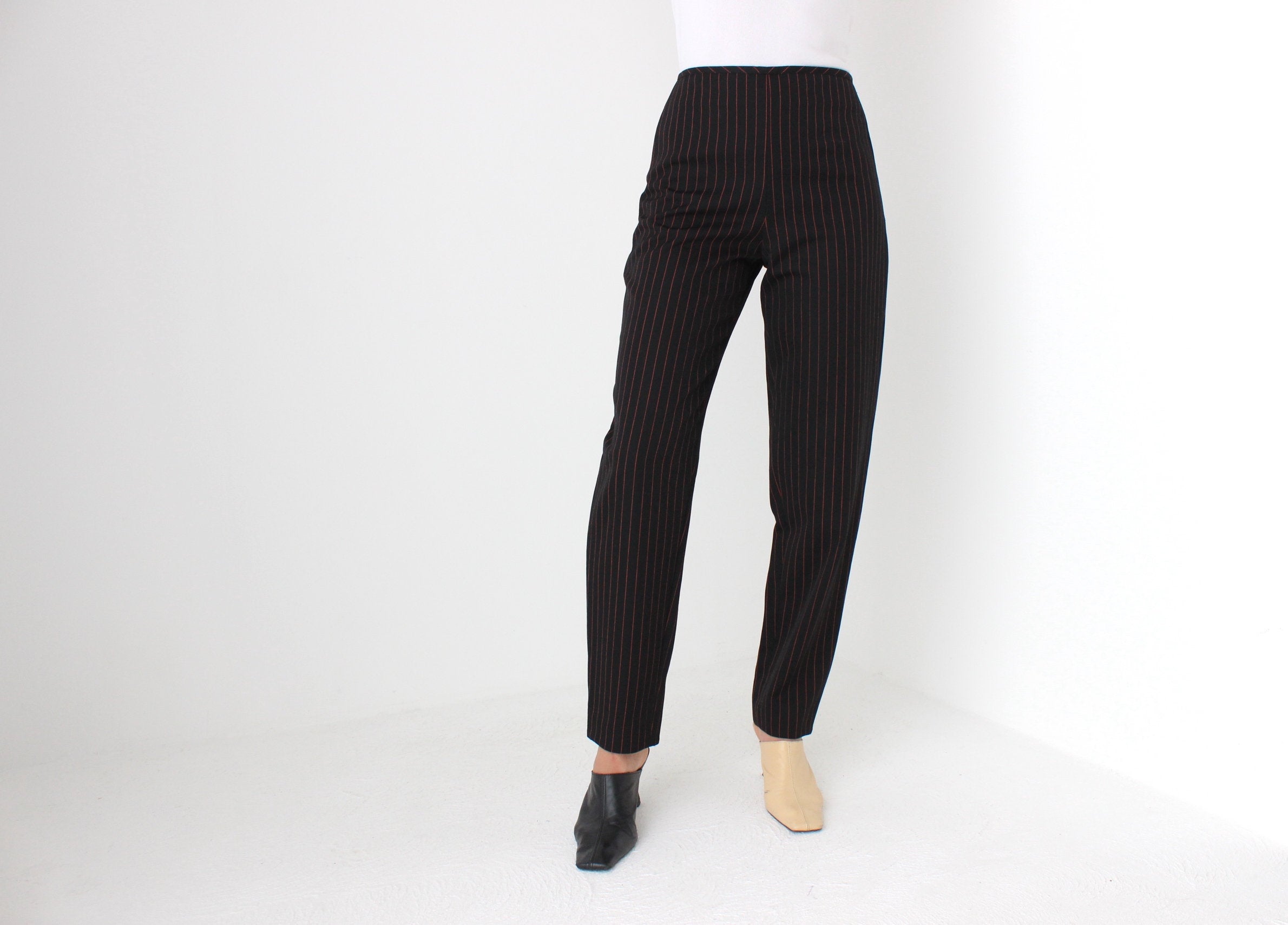 90s Jean Paul Gaultier Black w/ Red Pinstripe Wool Trousers