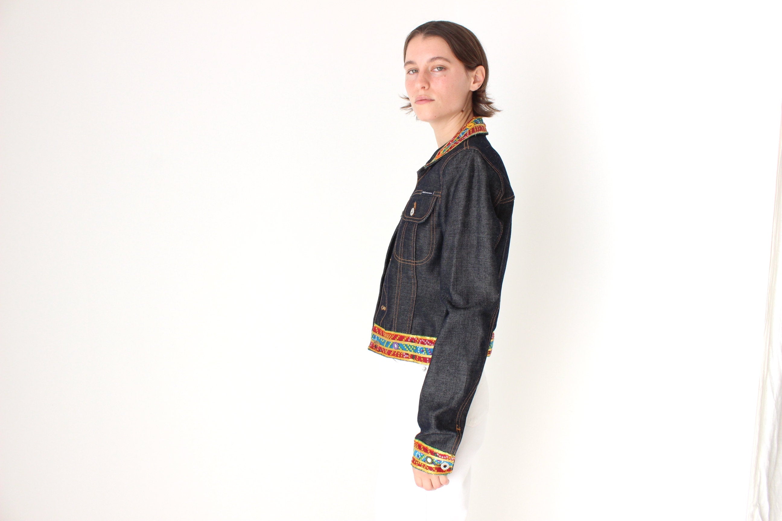 Y2K DOLCE and GABBANA Cropped Denim Jacket w/ Rainbow Mirror Trim