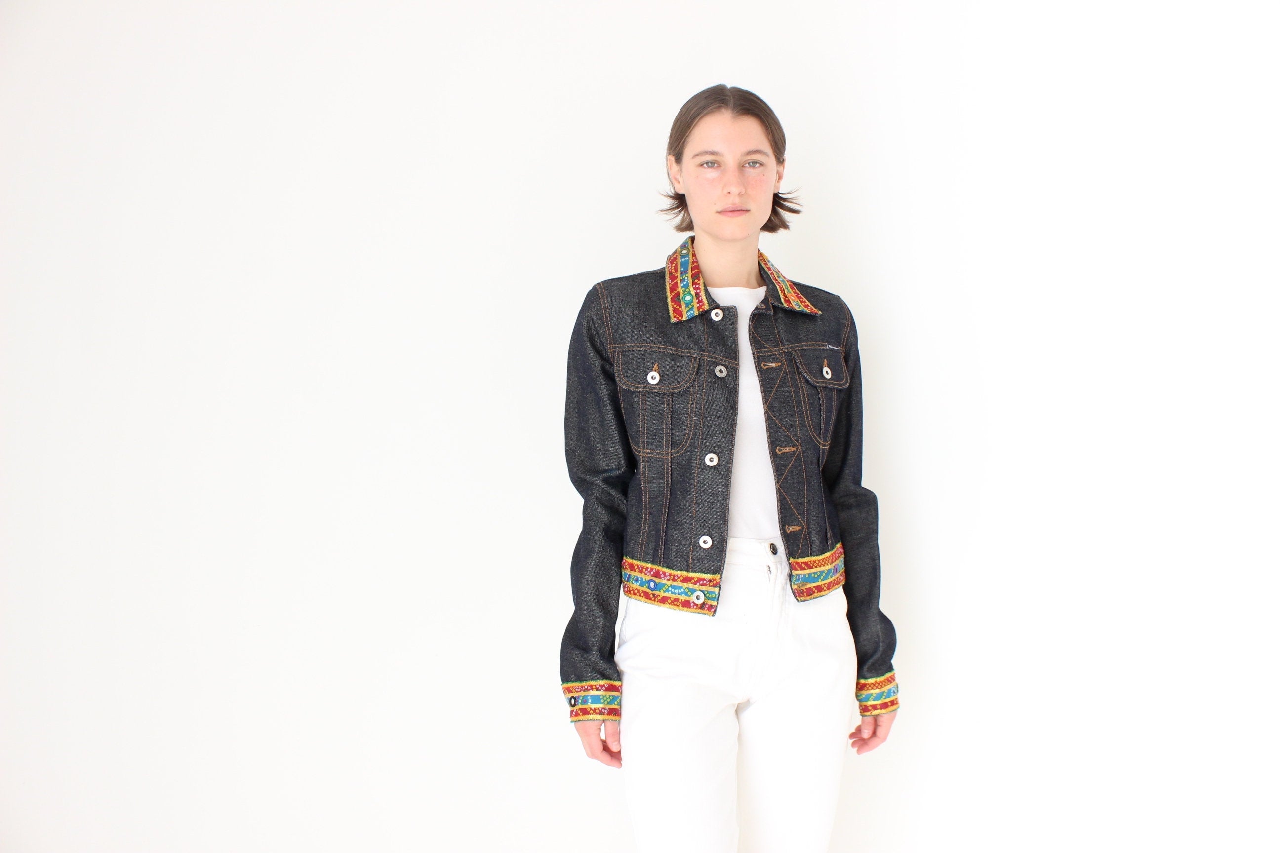 Y2K DOLCE and GABBANA Cropped Denim Jacket w/ Rainbow Mirror Trim