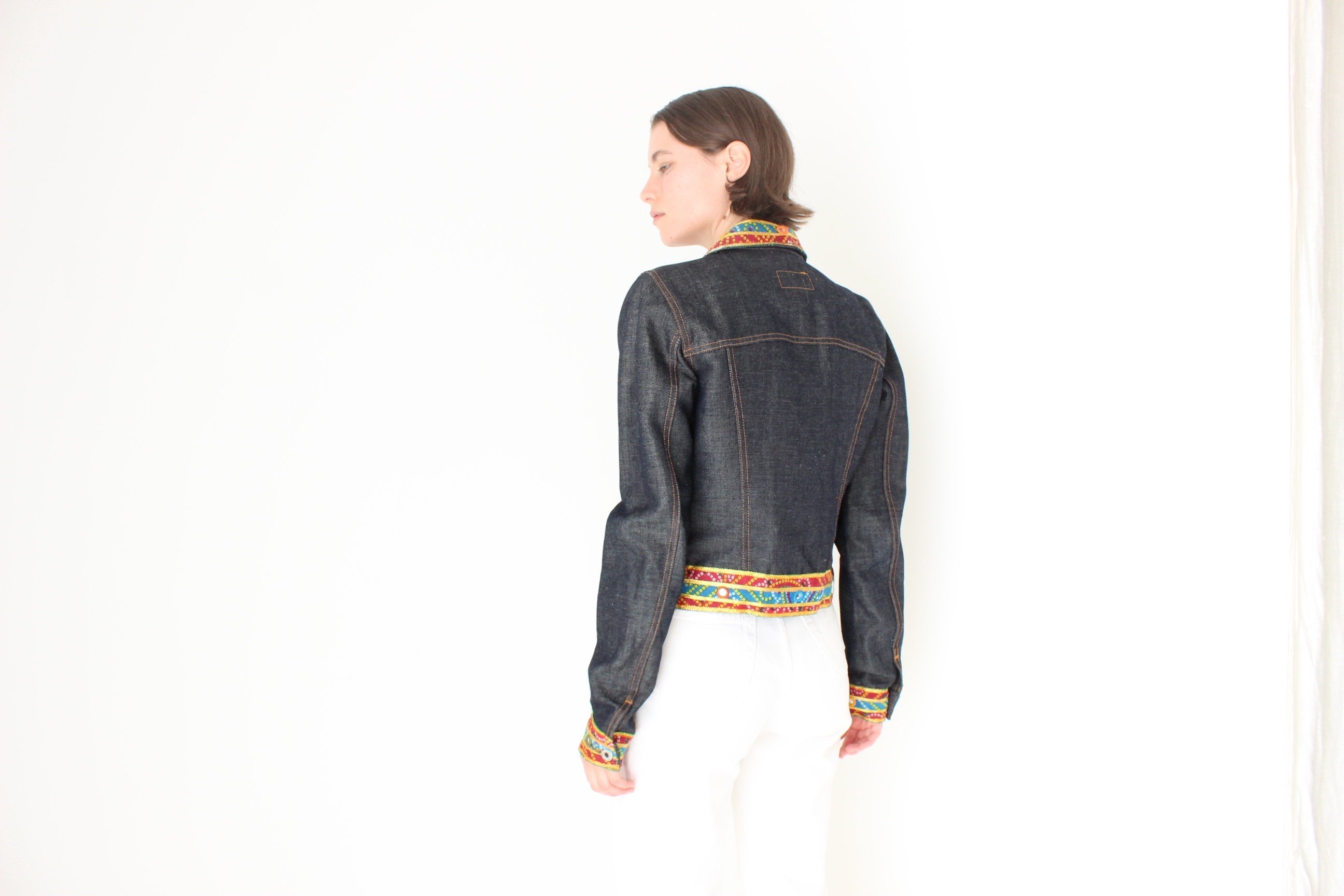 Y2K DOLCE and GABBANA Cropped Denim Jacket w/ Rainbow Mirror Trim