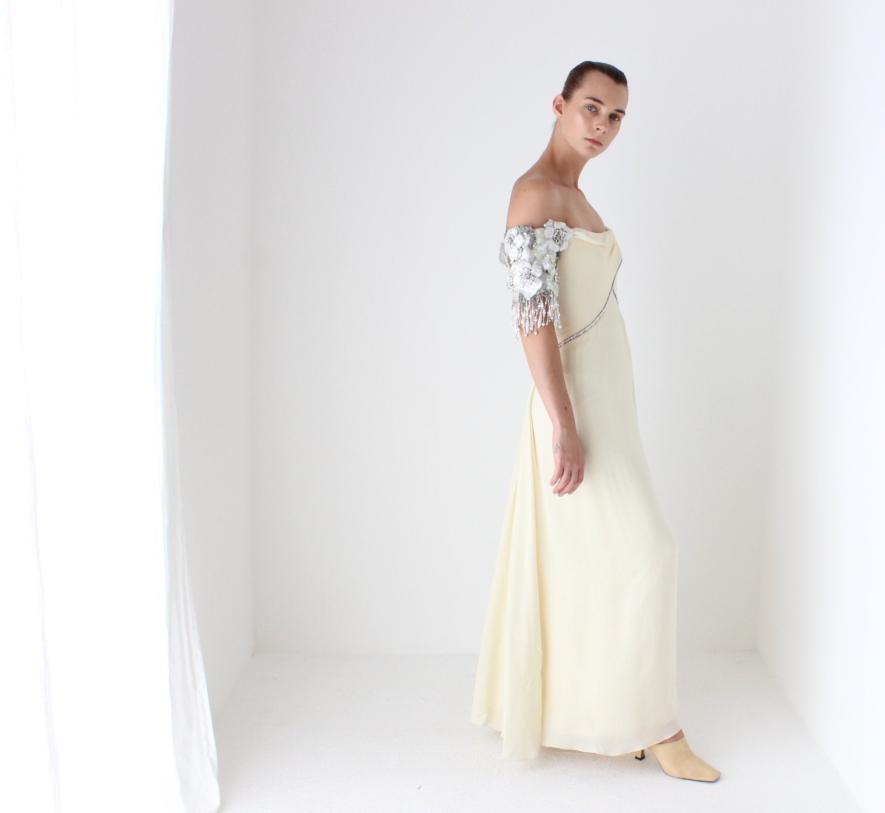 Heavenly Vintage 1980s BOB MACKIE Pure Silk Cream Embellished Off Shoulder Draped Goddess Wedding Gown