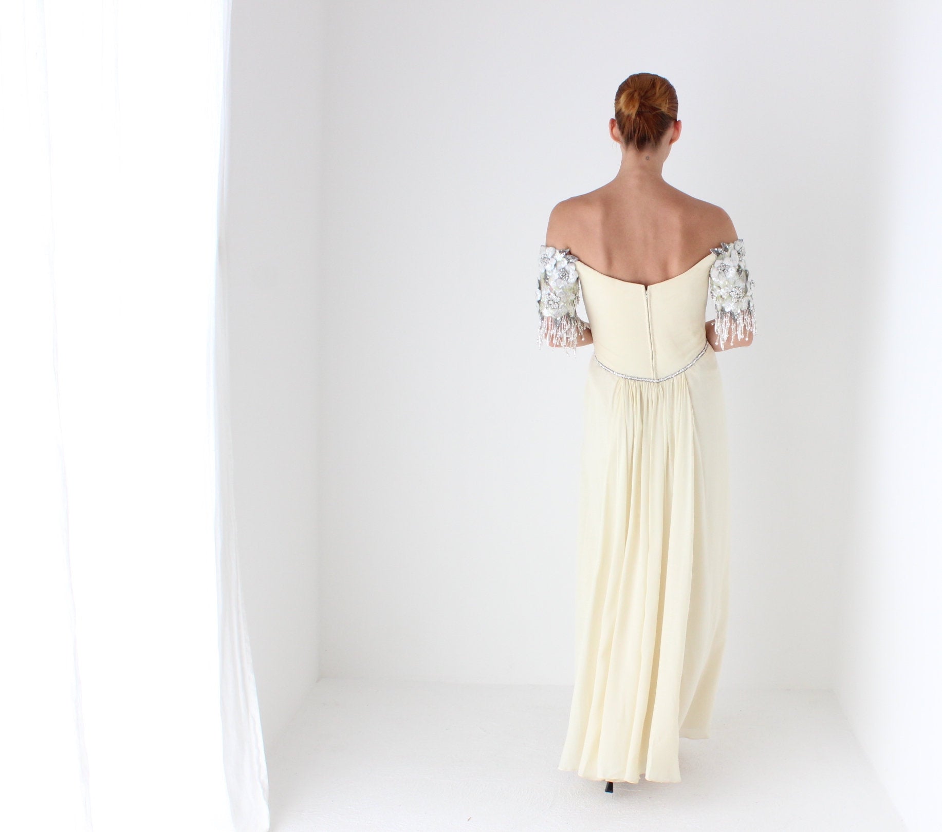 Heavenly Vintage 1980s BOB MACKIE Pure Silk Cream Embellished Off Shoulder Draped Goddess Wedding Gown