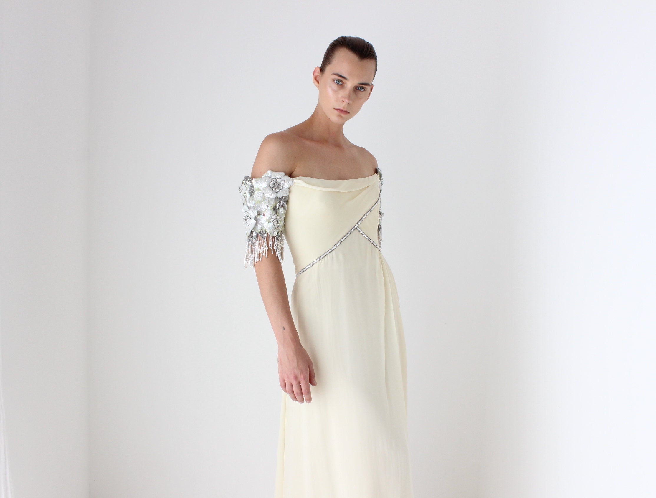 Heavenly Vintage 1980s BOB MACKIE Pure Silk Cream Embellished Off Shoulder Draped Goddess Wedding Gown