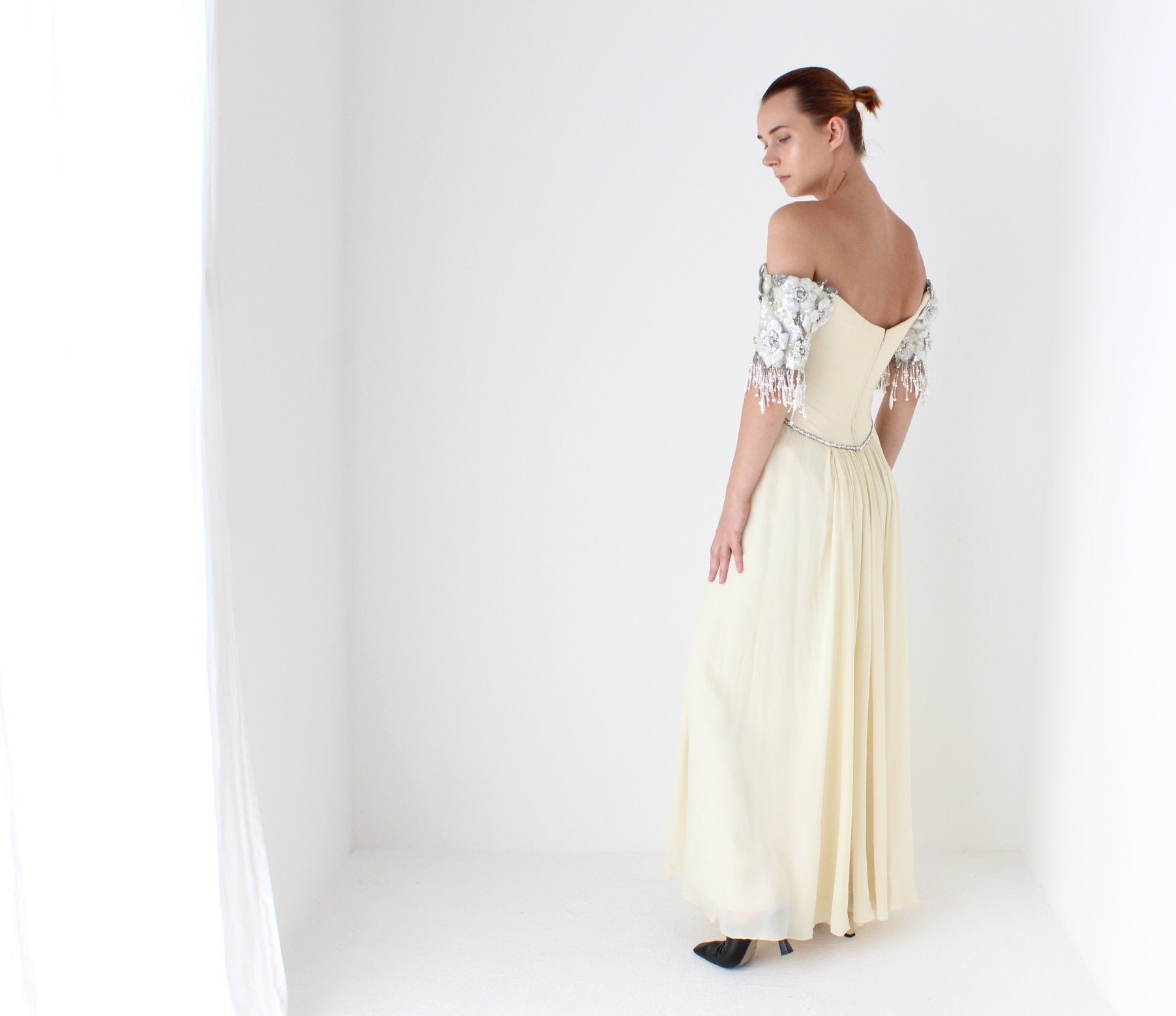 Heavenly Vintage 1980s BOB MACKIE Pure Silk Cream Embellished Off Shoulder Draped Goddess Wedding Gown