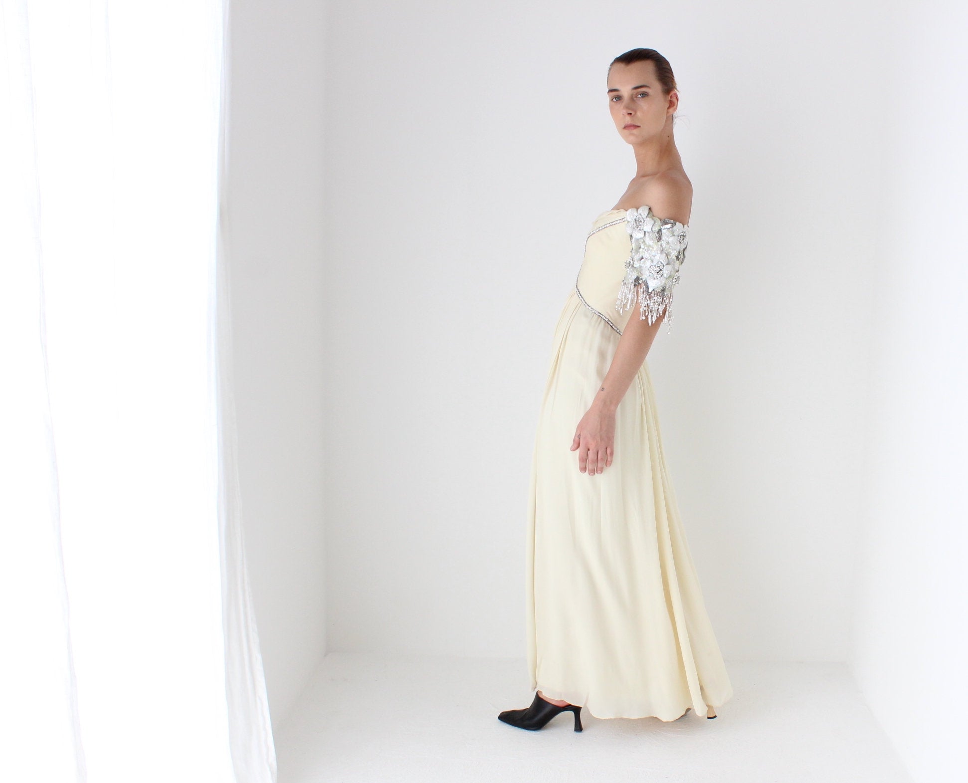 Heavenly Vintage 1980s BOB MACKIE Pure Silk Cream Embellished Off Shoulder Draped Goddess Wedding Gown