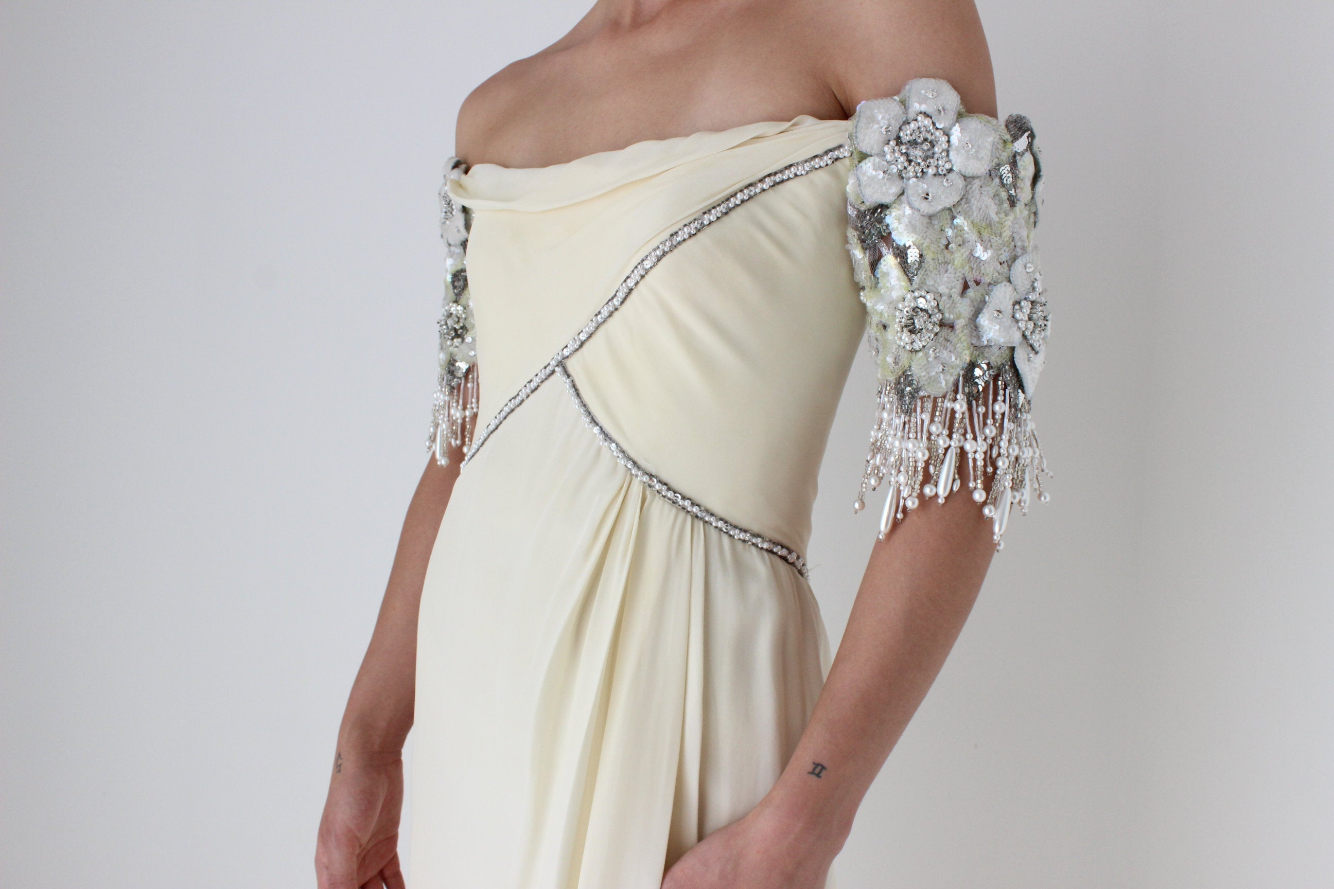 Heavenly Vintage 1980s BOB MACKIE Pure Silk Cream Embellished Off Shoulder Draped Goddess Wedding Gown