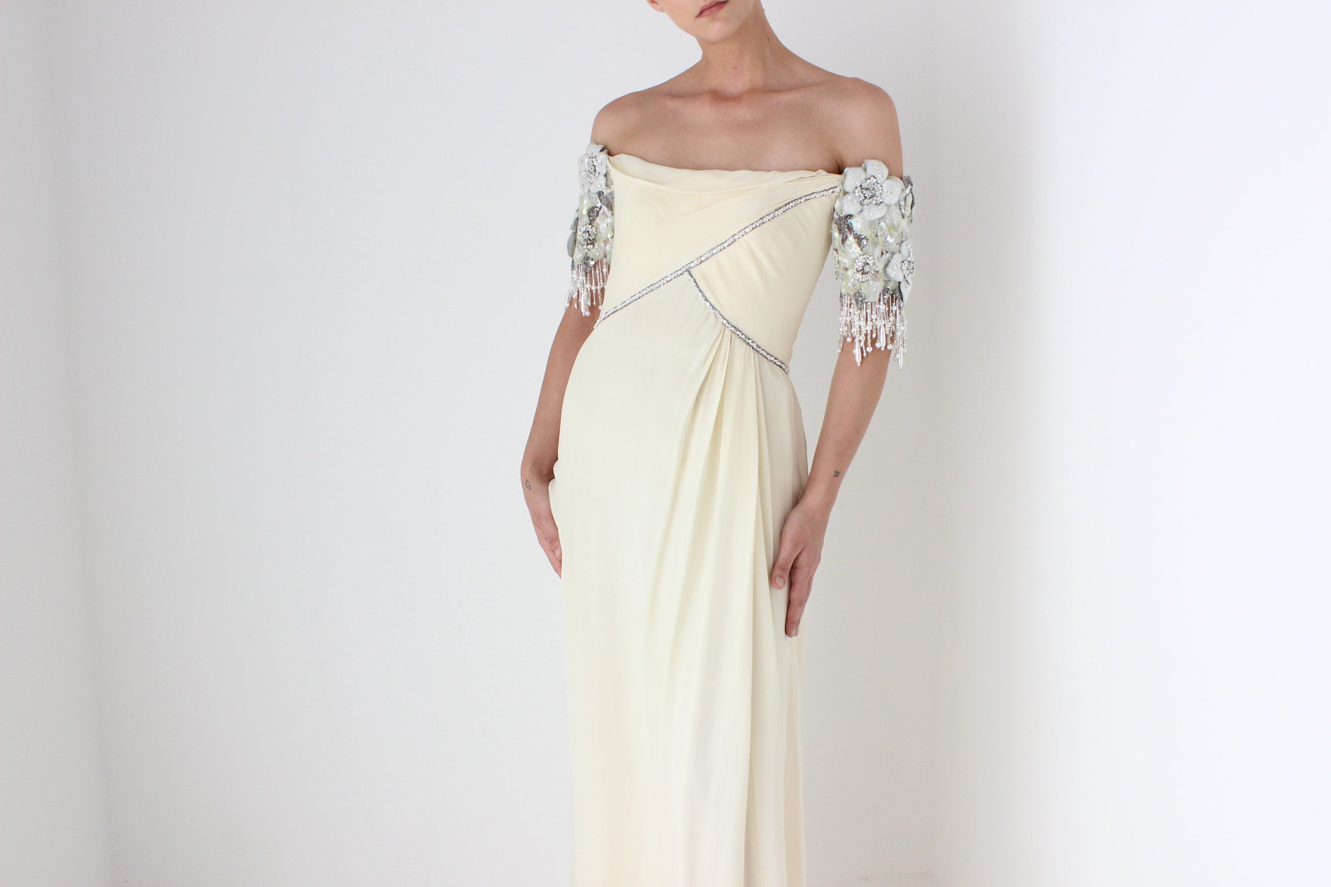 Heavenly Vintage 1980s BOB MACKIE Pure Silk Cream Embellished Off Shoulder Draped Goddess Wedding Gown