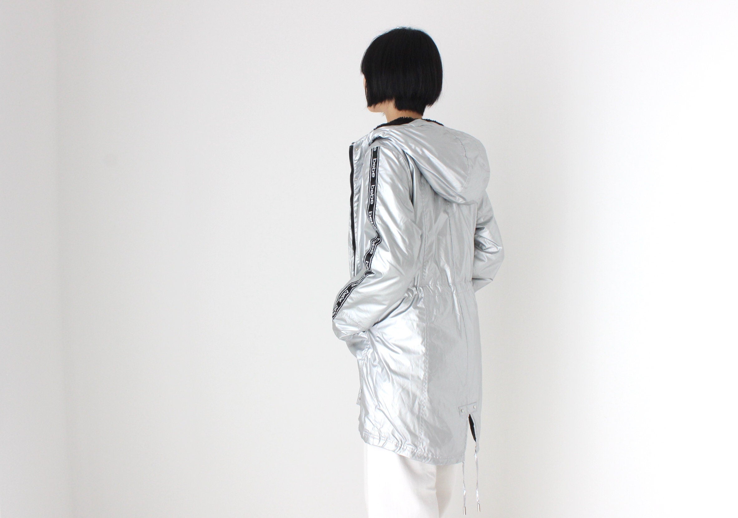 Y2K Bebe Sport Metallic Logo Strip Quilted, Hooded Puffer Jacket