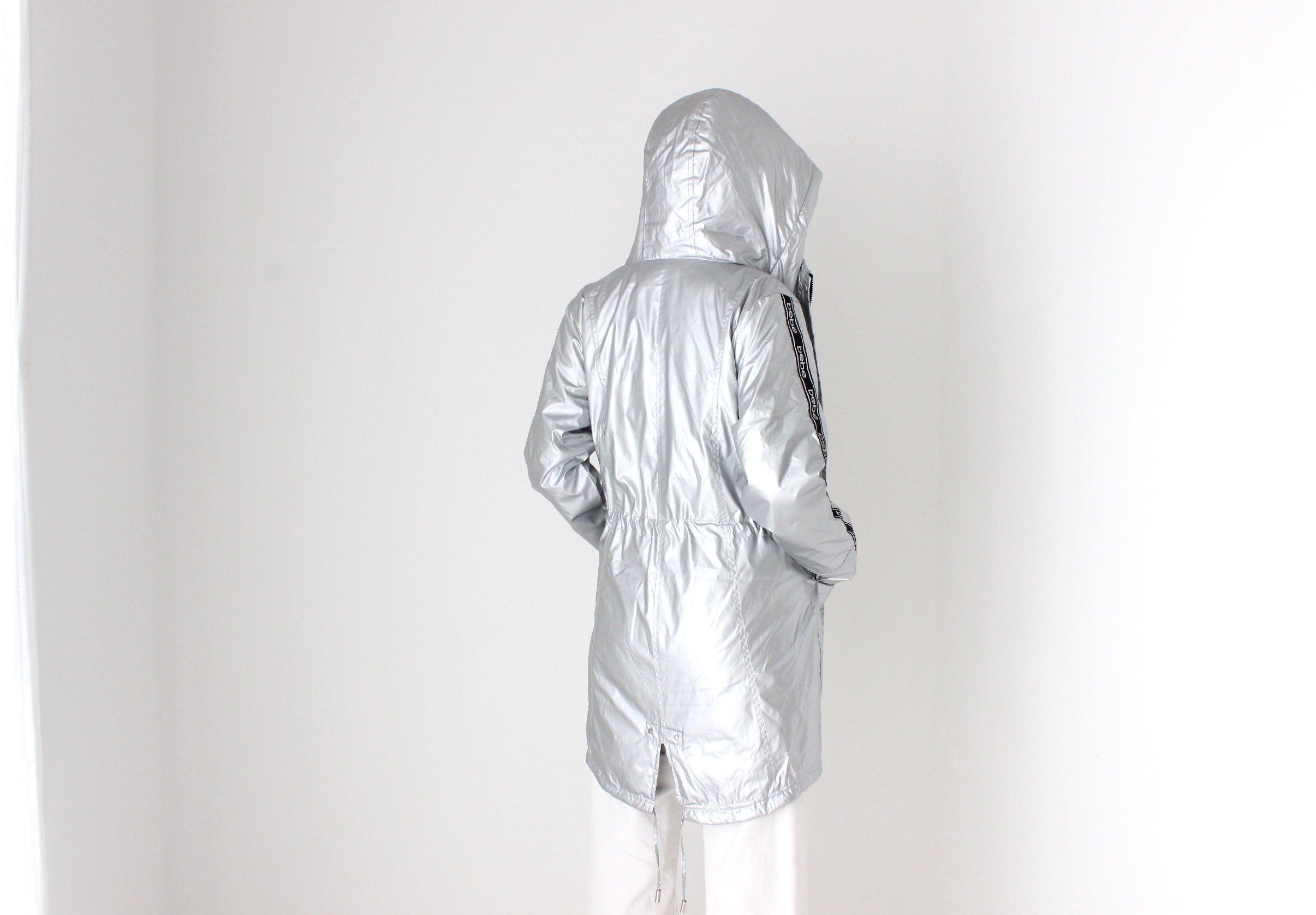 Y2K Bebe Sport Metallic Logo Strip Quilted, Hooded Puffer Jacket