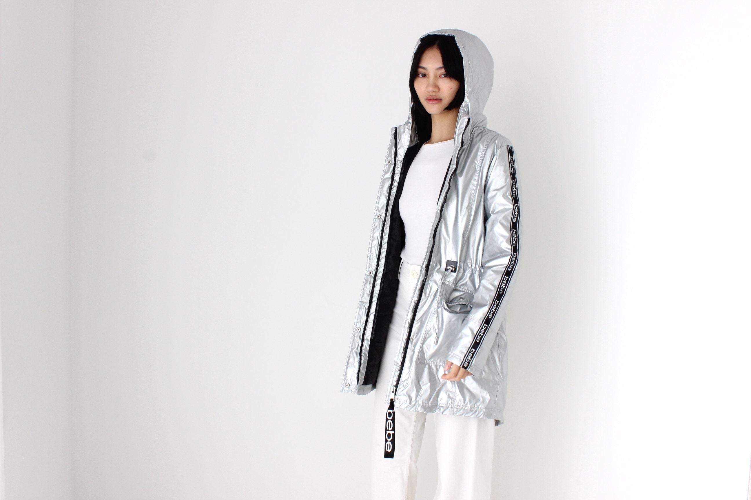 Y2K Bebe Sport Metallic Logo Strip Quilted, Hooded Puffer Jacket