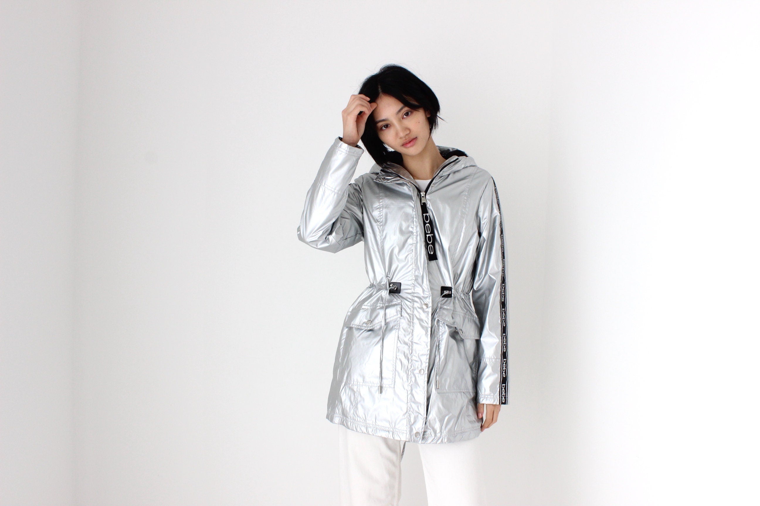 Y2K Bebe Sport Metallic Logo Strip Quilted, Hooded Puffer Jacket