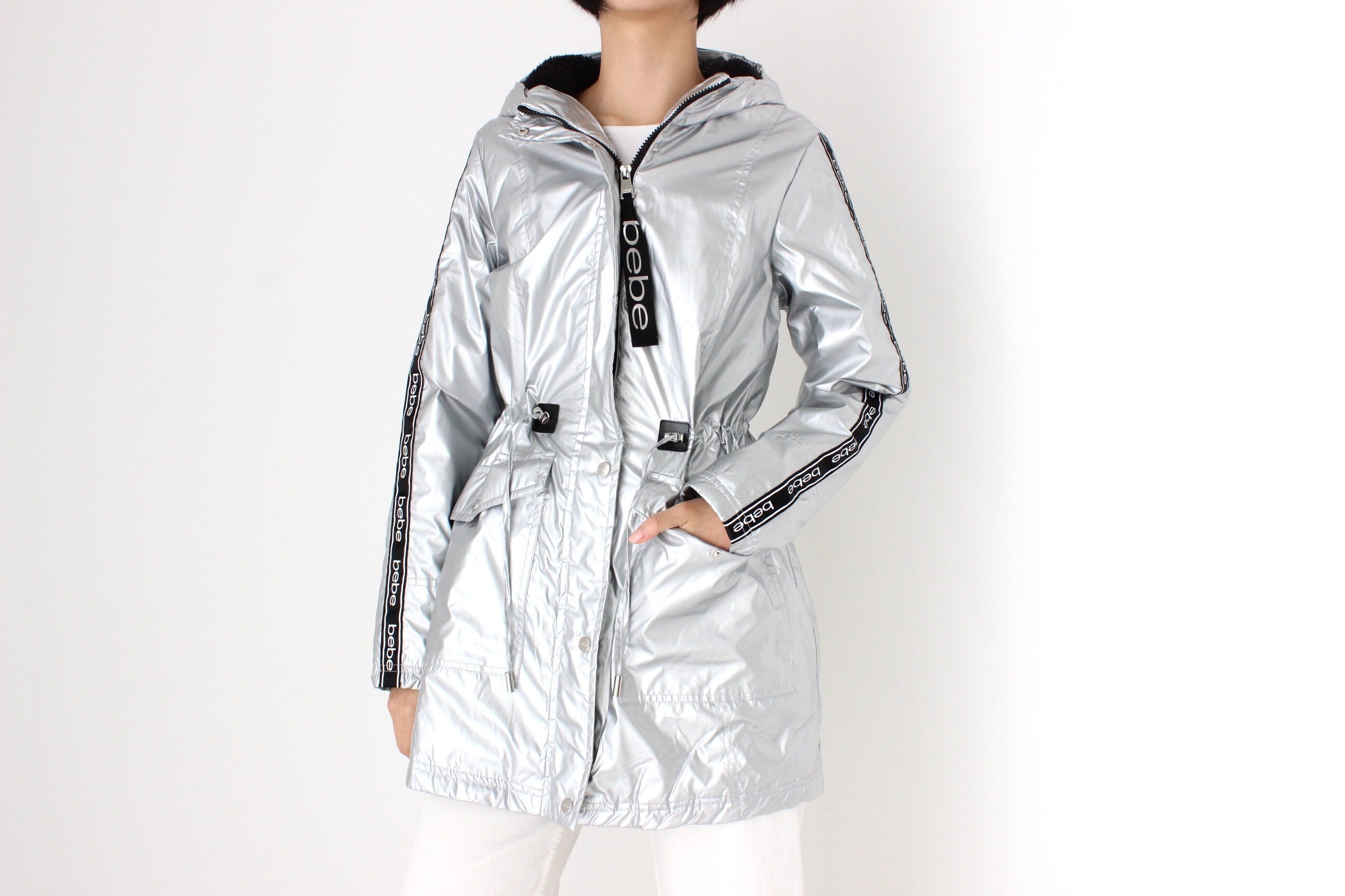 Y2K Bebe Sport Metallic Logo Strip Quilted, Hooded Puffer Jacket