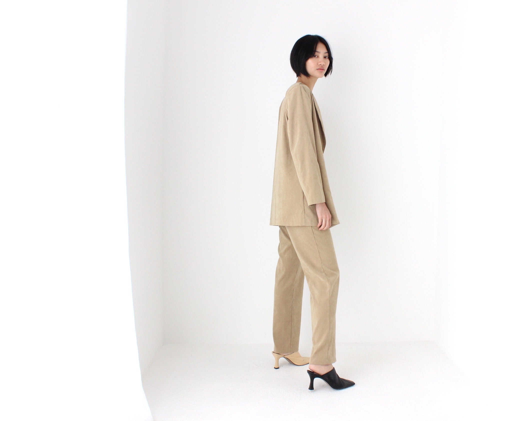 90s Suede Feel Neutral Camel Two Piece Pant Suit