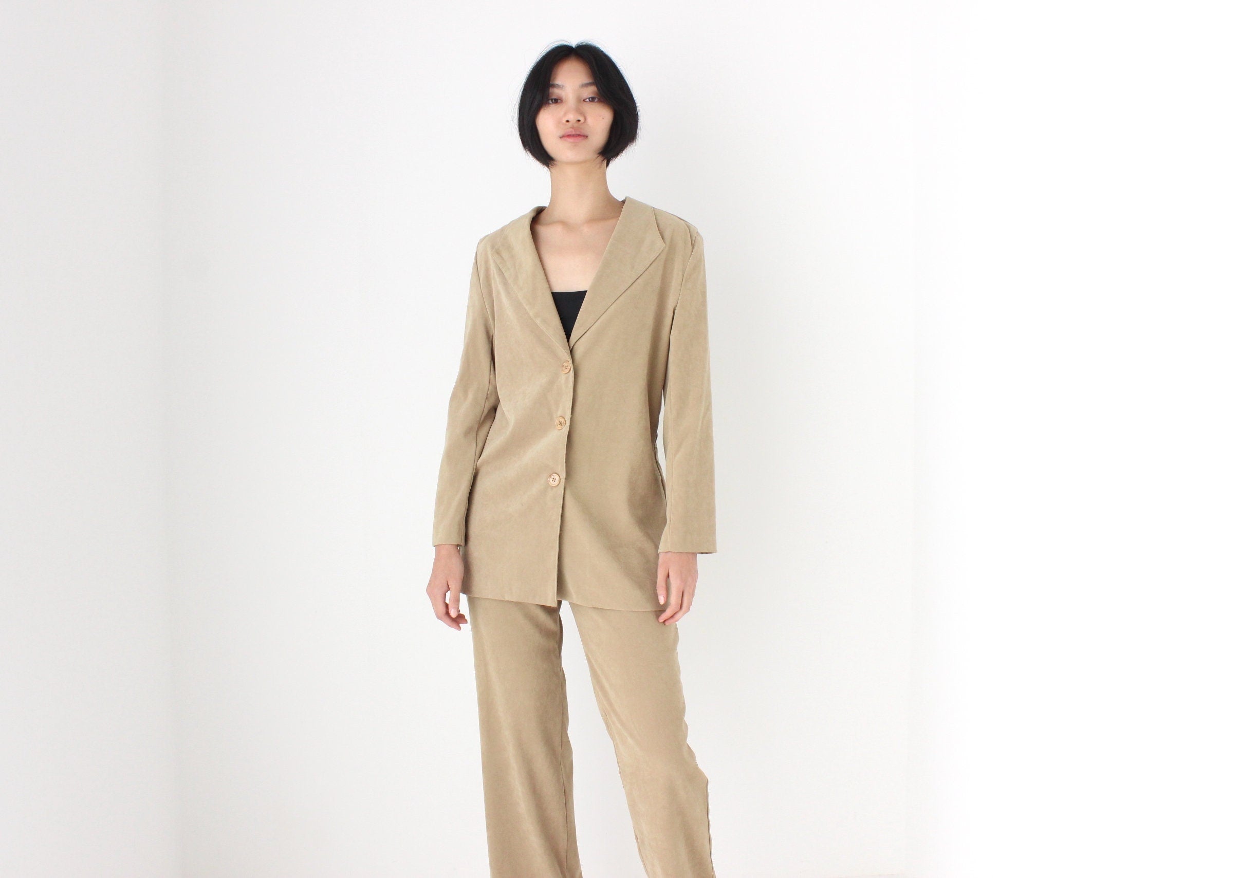 90s Suede Feel Neutral Camel Two Piece Pant Suit