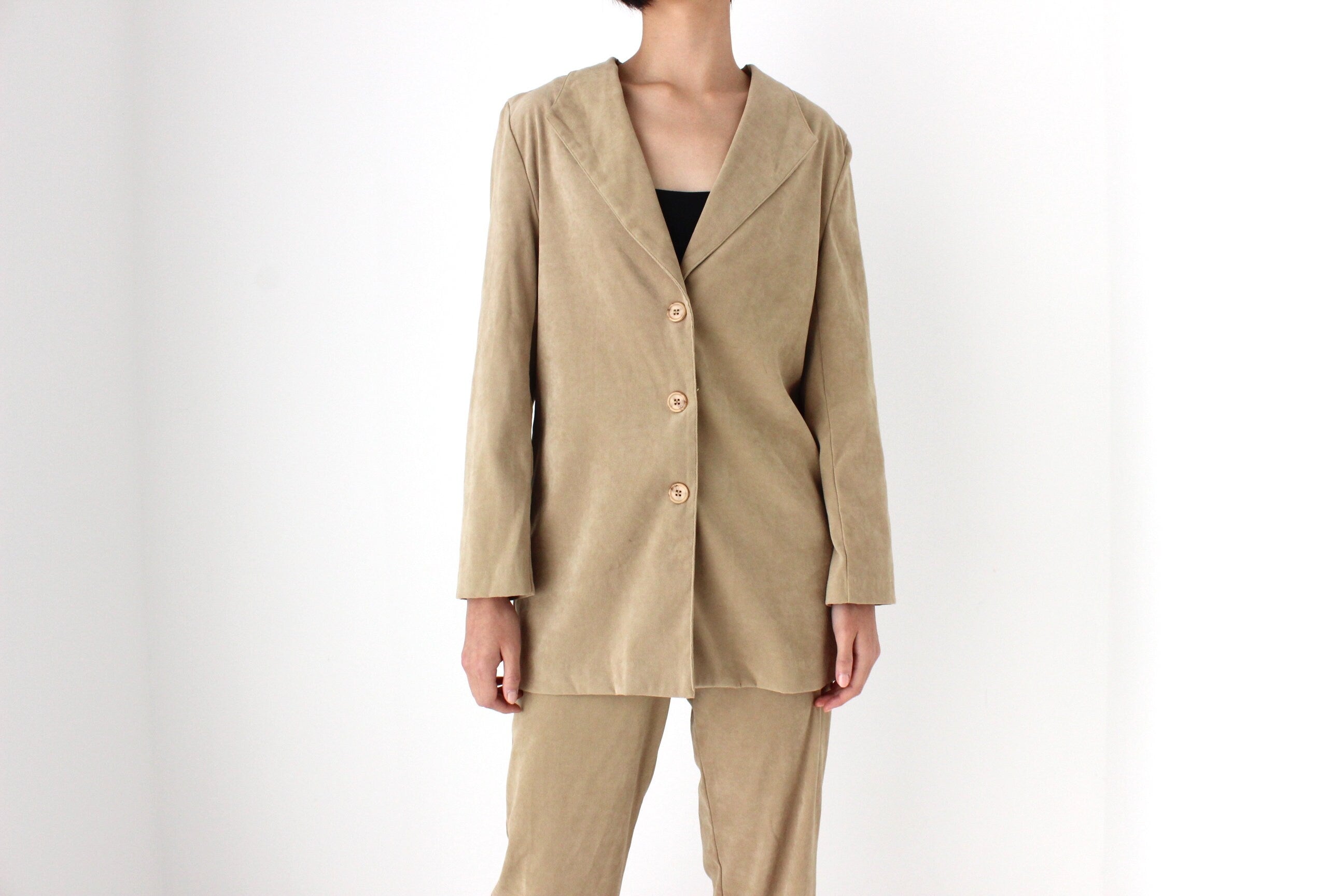 90s Suede Feel Neutral Camel Two Piece Pant Suit