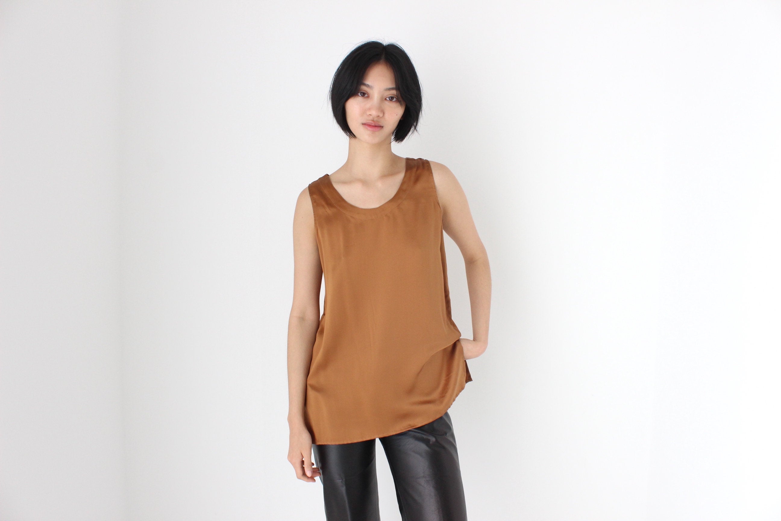 90s Pure Silk Sleeveless Tank Top in Caramel
