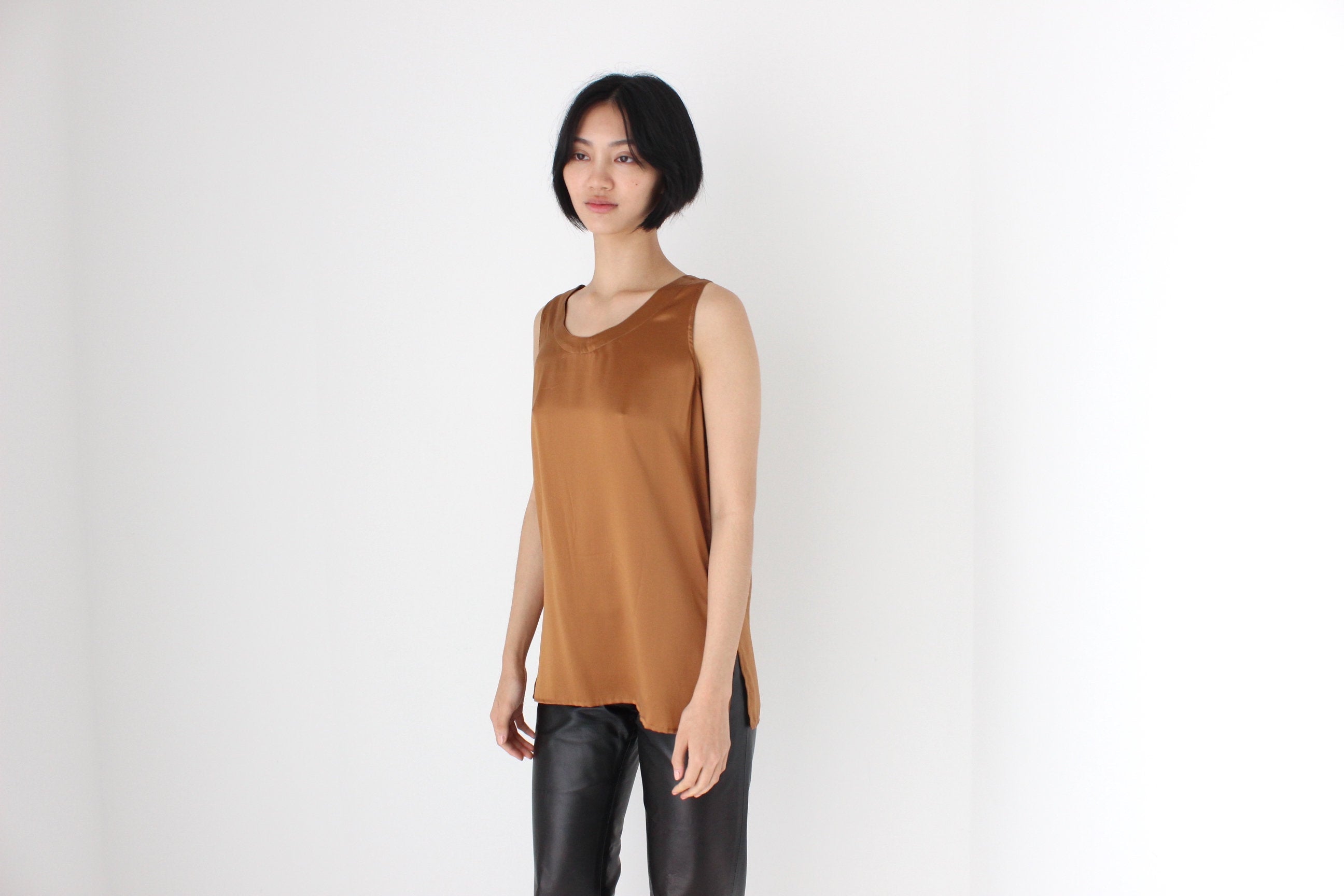90s Pure Silk Sleeveless Tank Top in Caramel