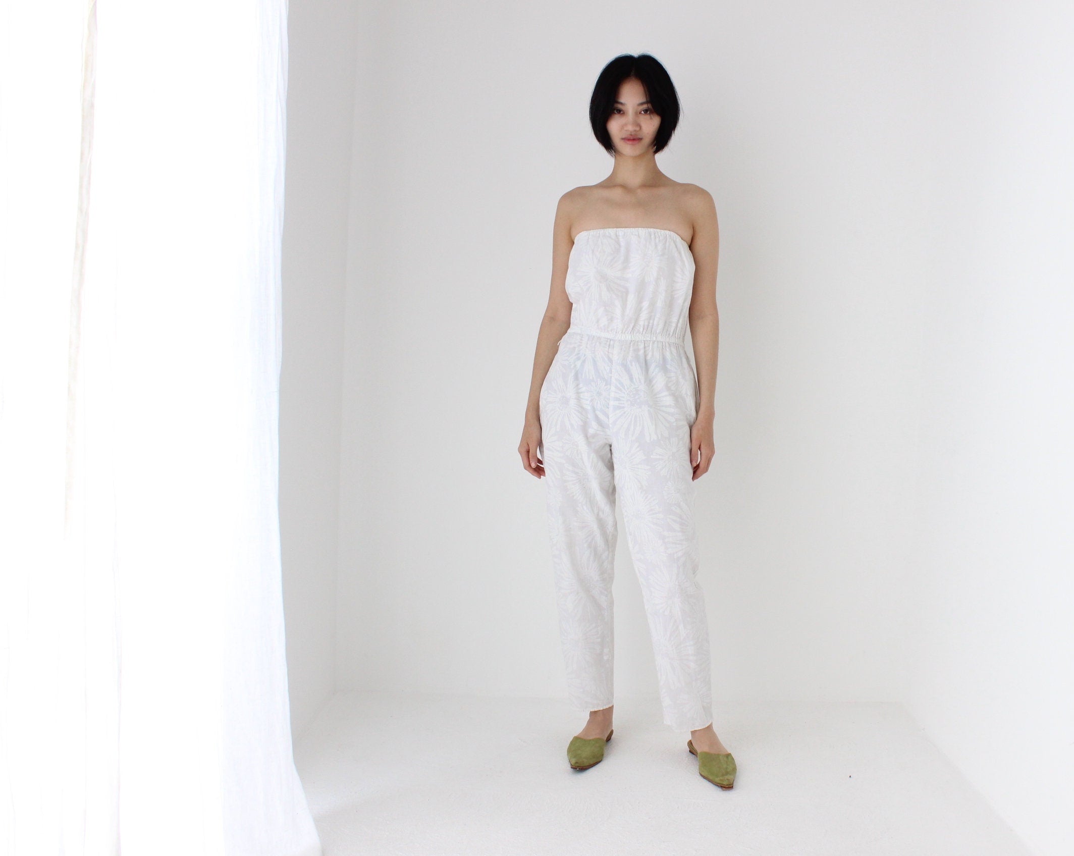 80s Strapless Cotton Jumpsuit w/ Painted Flowers